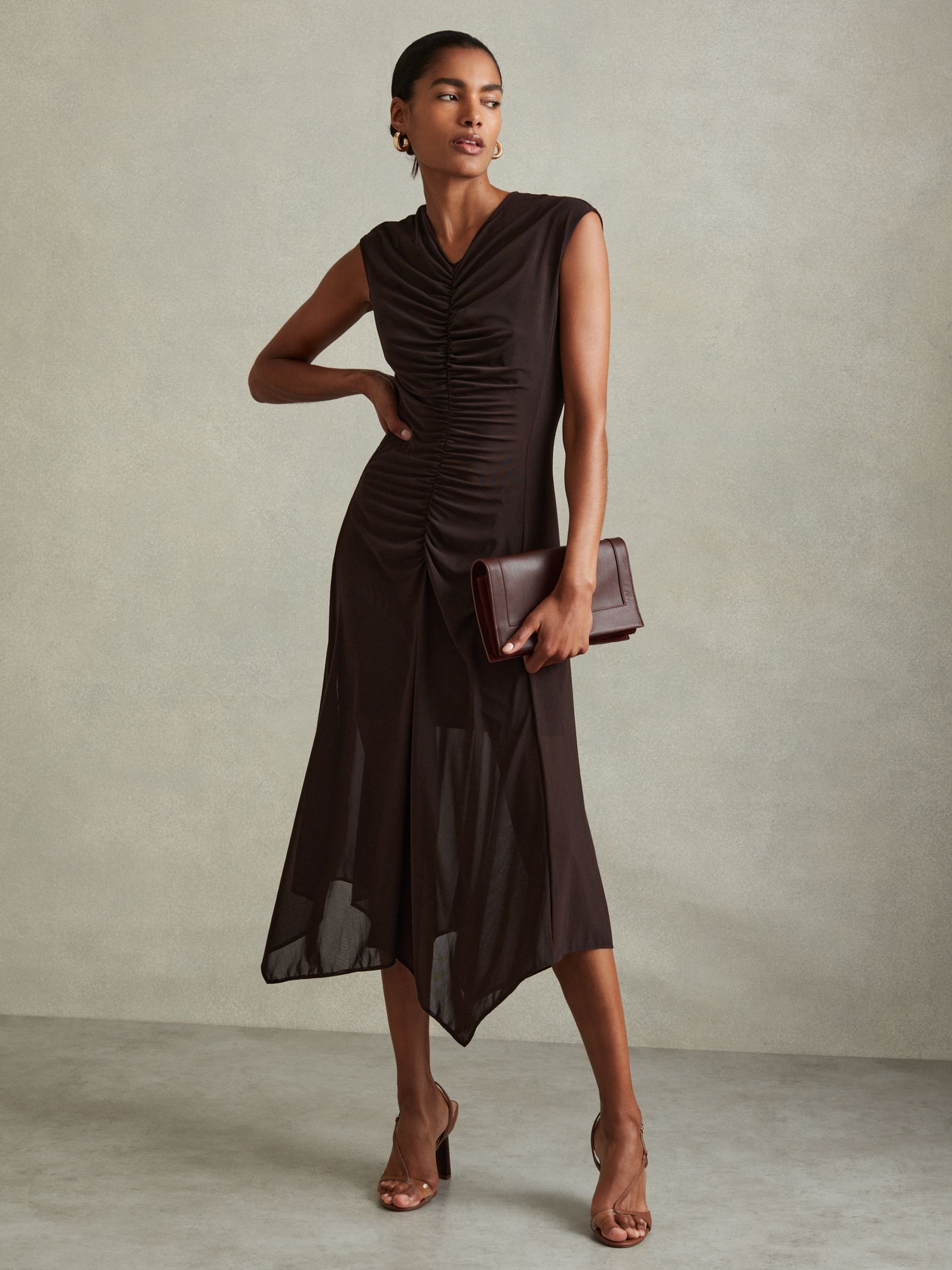 Mesh Ruched Midi Dress in Chocolate