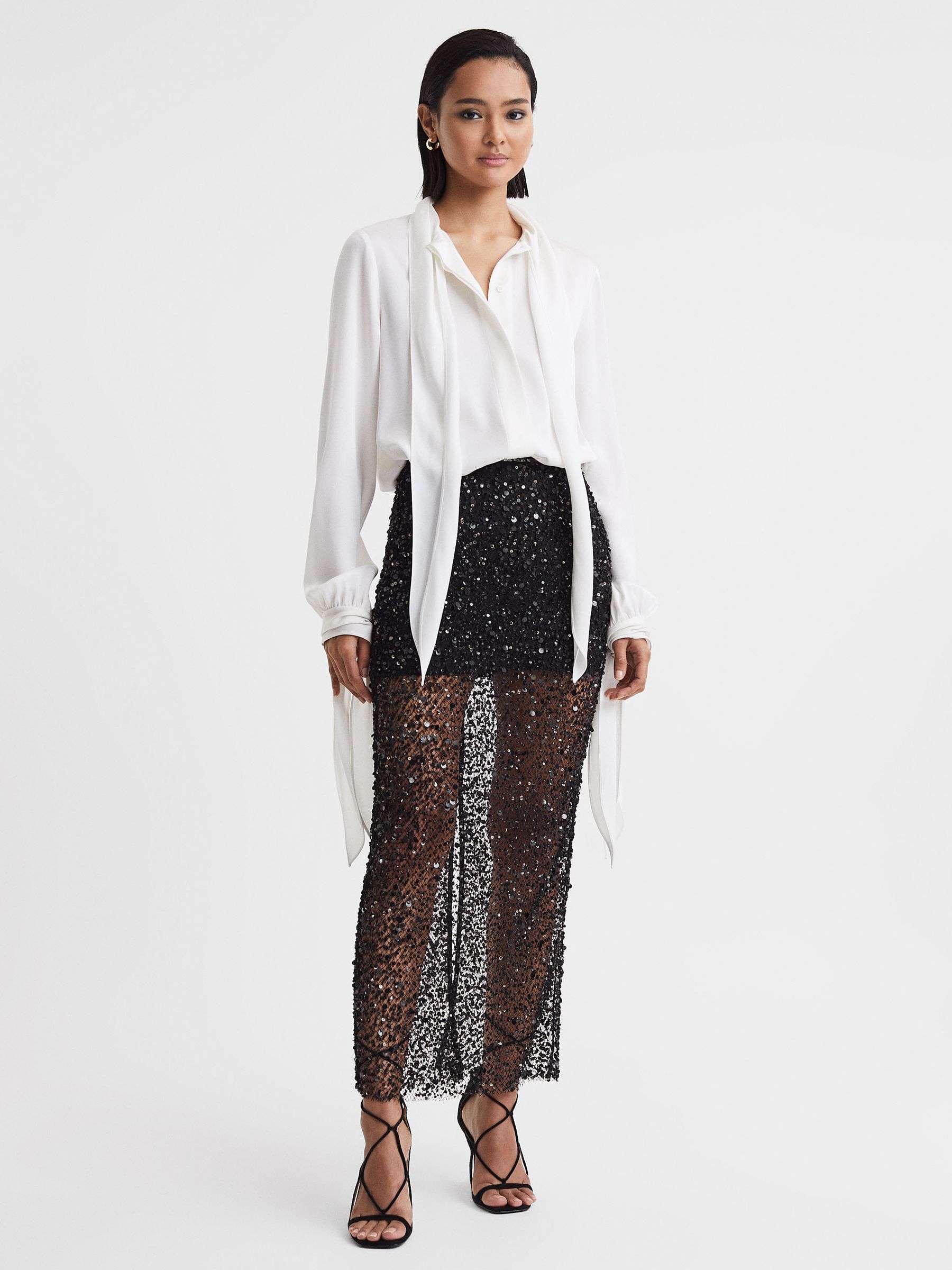 Anna Quan Embellished Netted Midi Skirt in Black