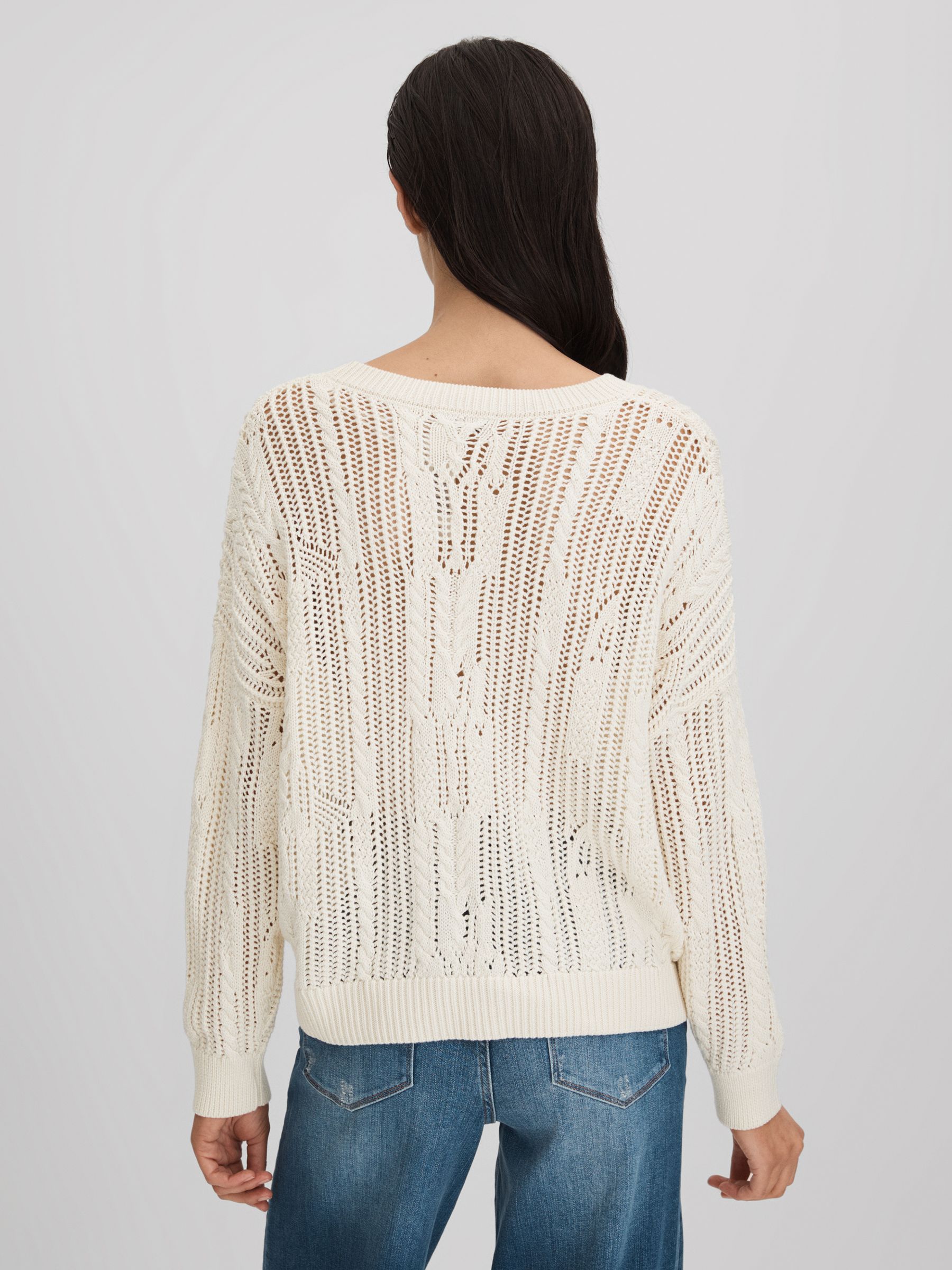 Cotton Blend Open Stitch Crew Neck Jumper in Ivory