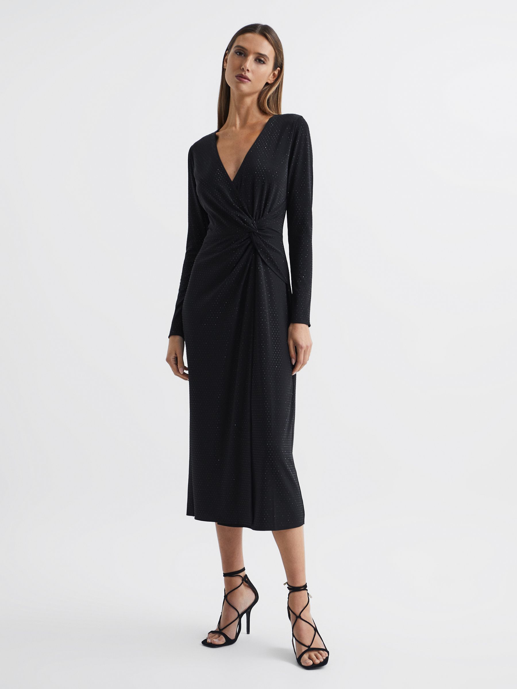 Halston Crystal Jersey Midi Dress in Black