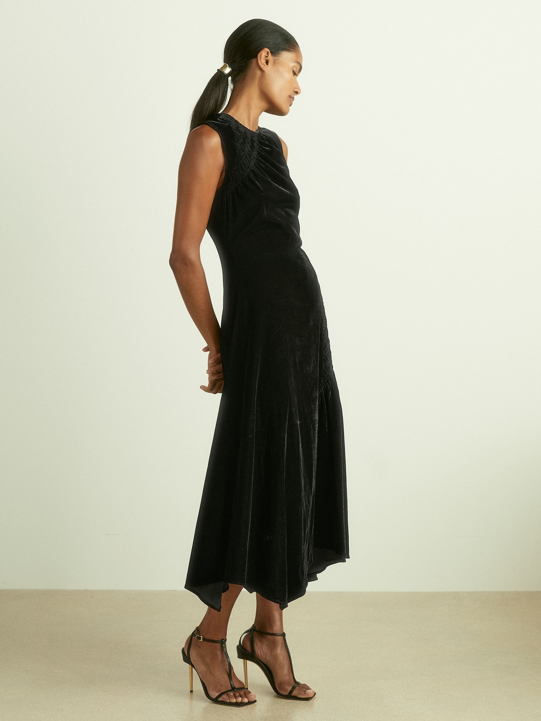 Velvet Shirred Panel Midi Dress in Black