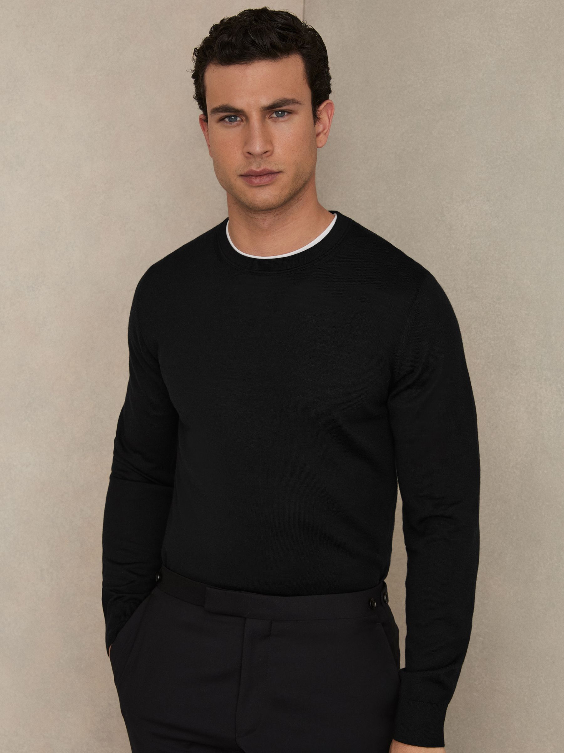 Merino Wool Crew Neck Jumper in Black