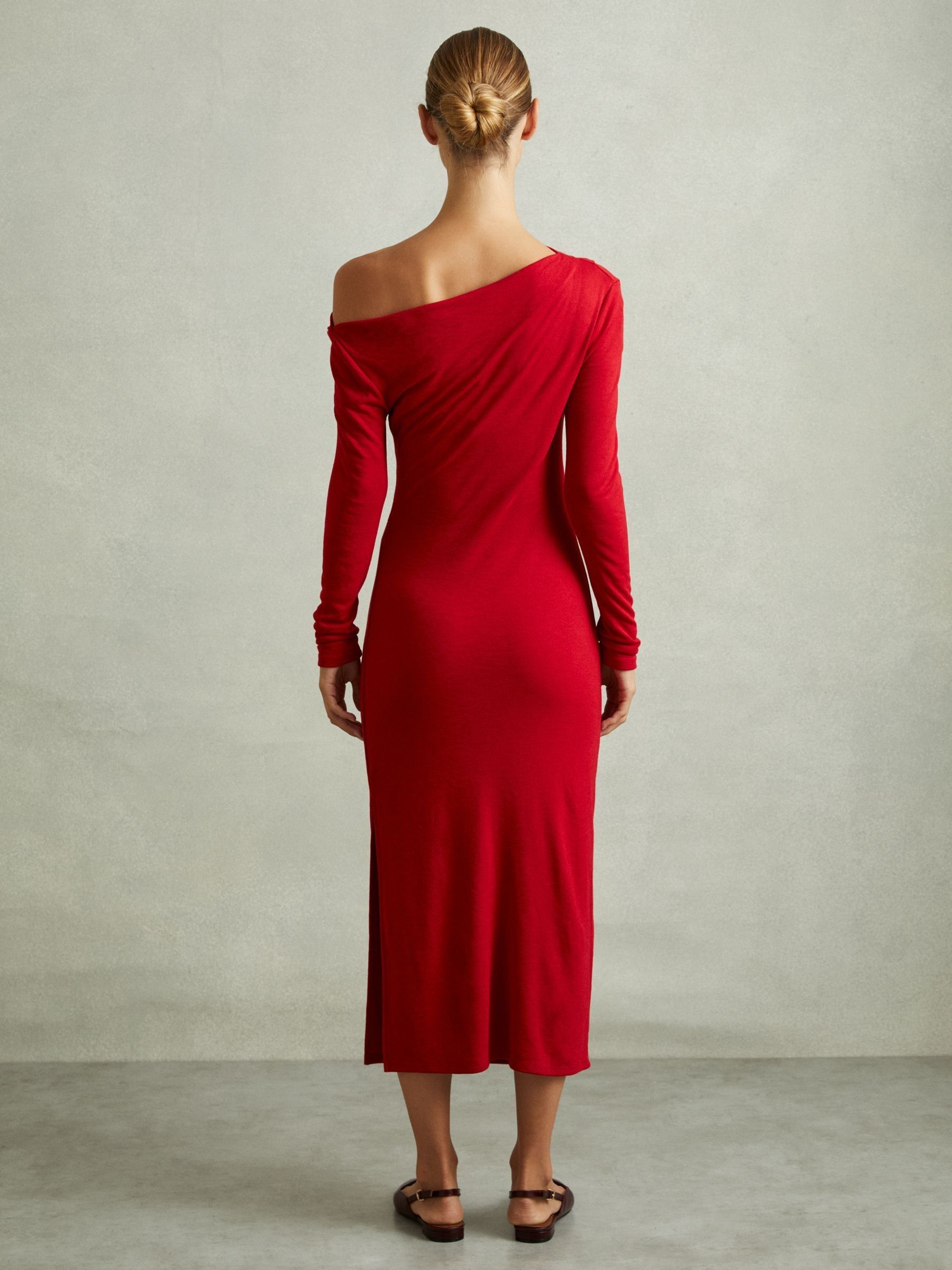 Off-The-Shoulder Jersey Midi Dress in Red
