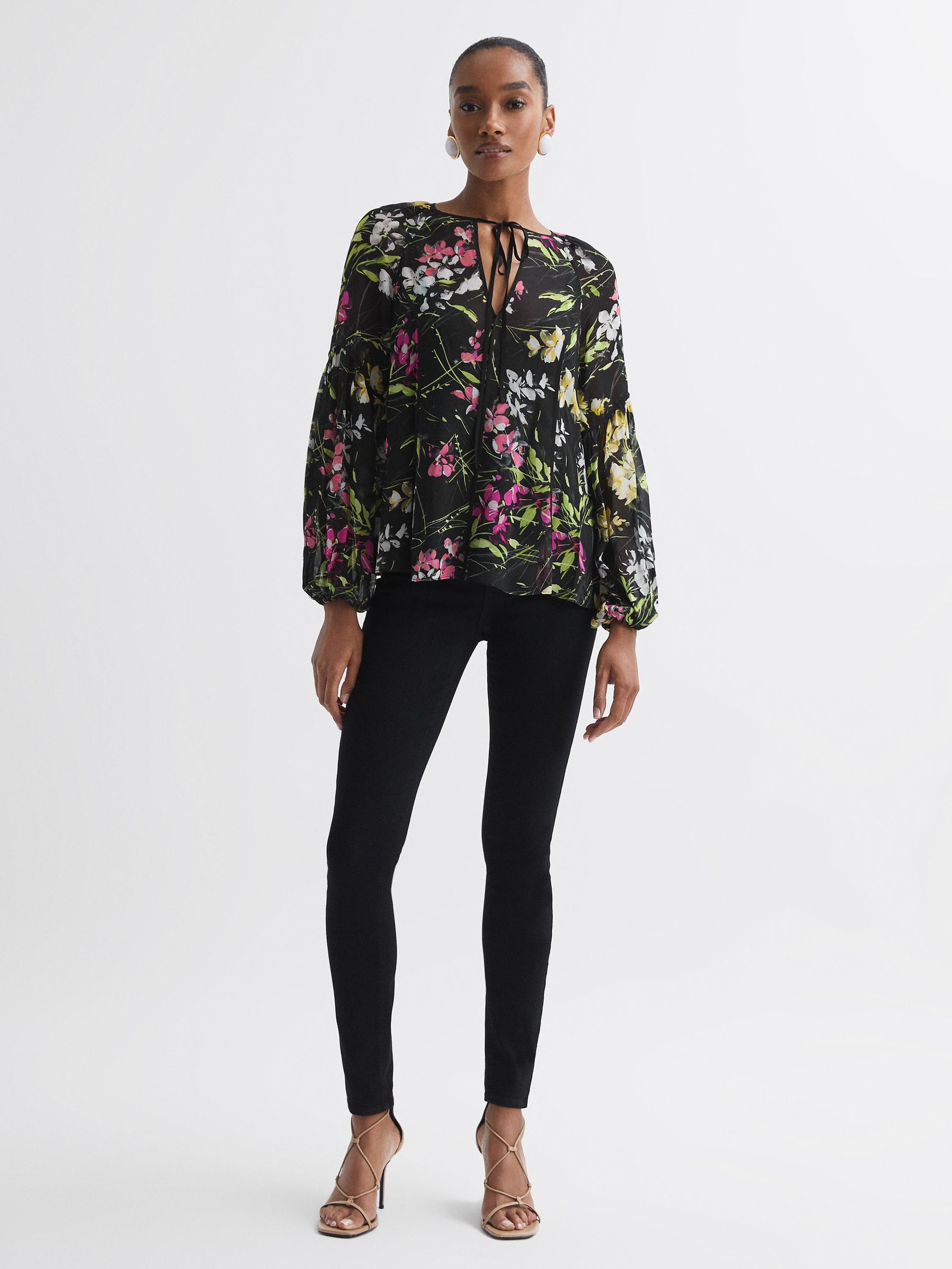 Florere Sheer Floral Tie Neck Blouse in Black