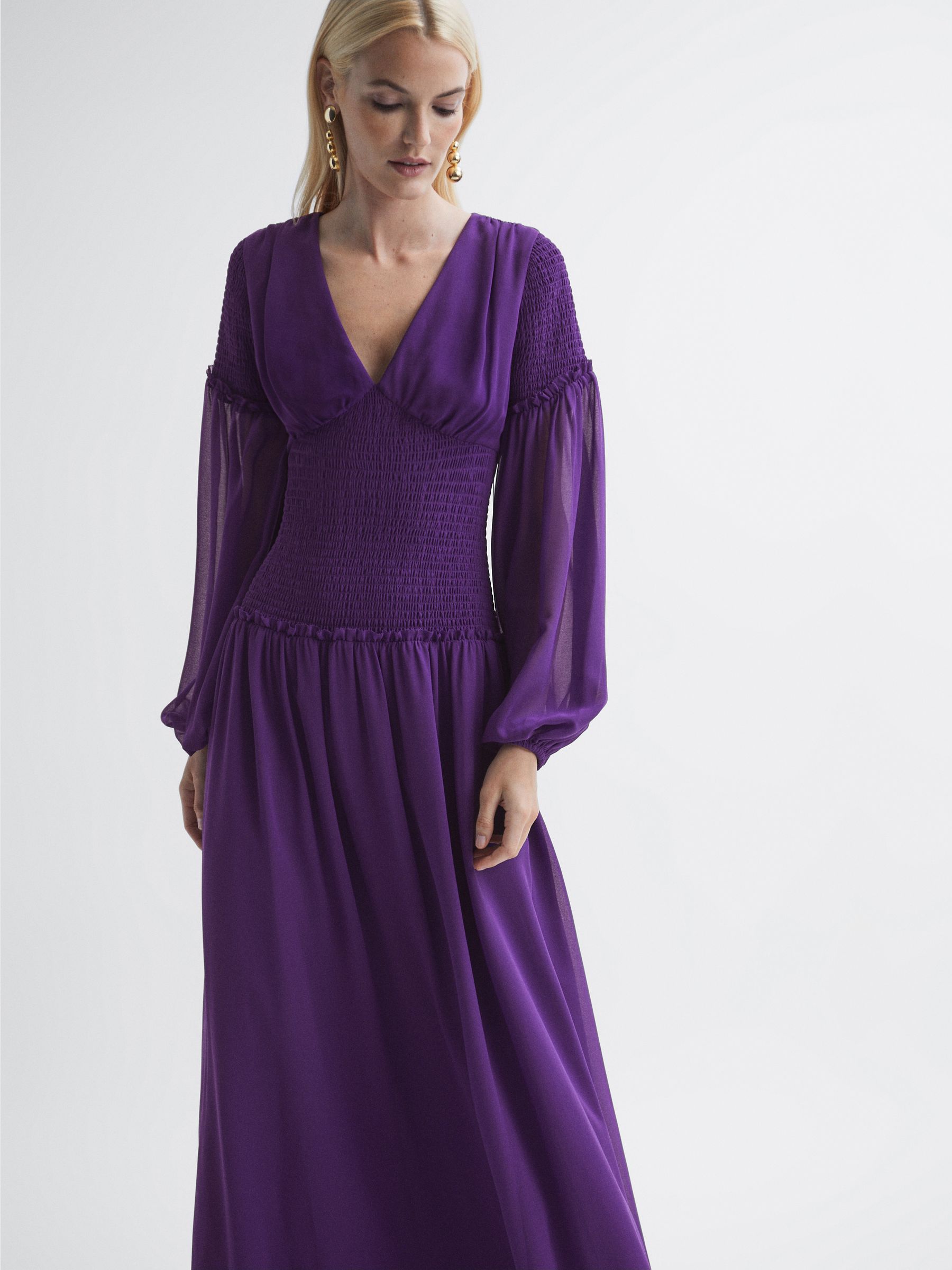 Florere Plunge Neck Shirred Maxi Dress in Dark Purple