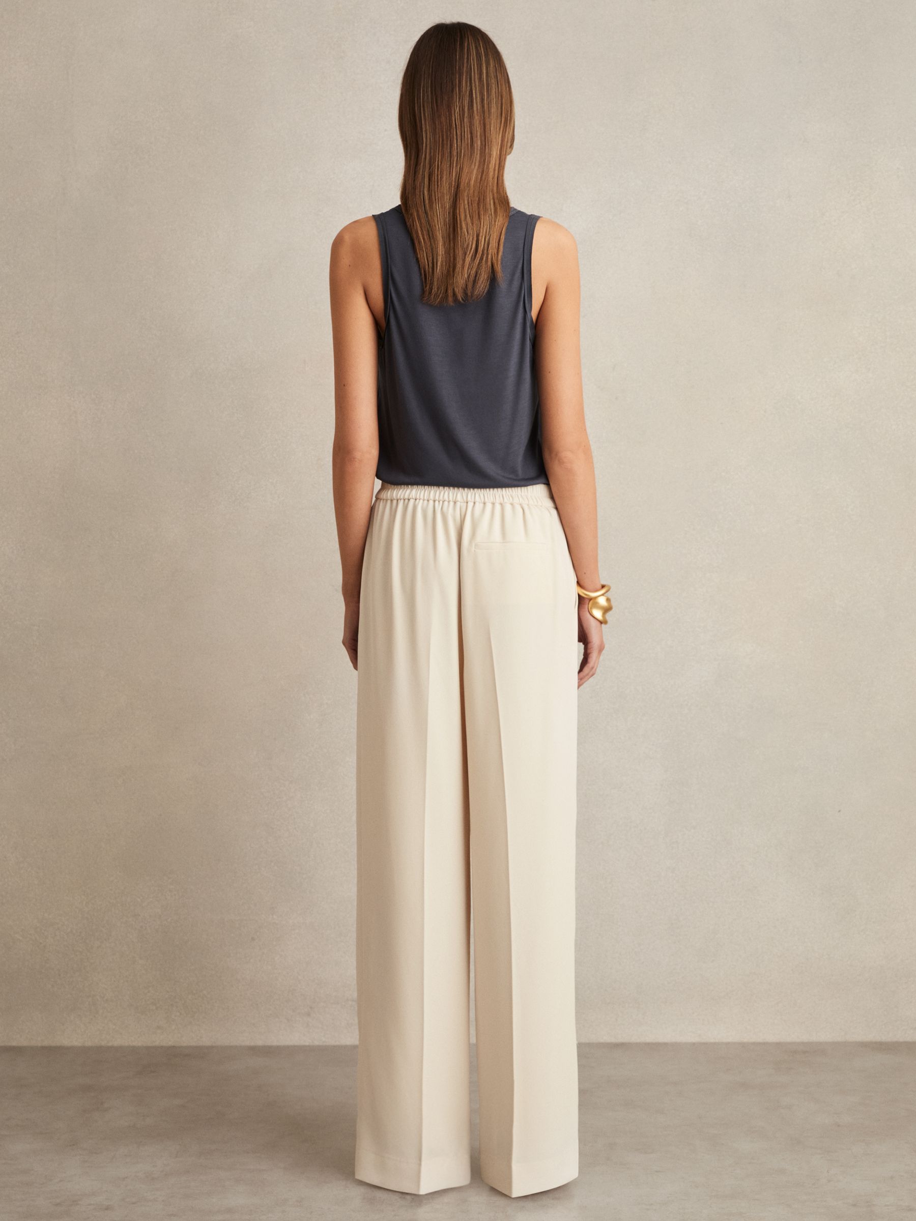 Petite Elasticated-Waist Wide-Leg Twill Trousers in Cream