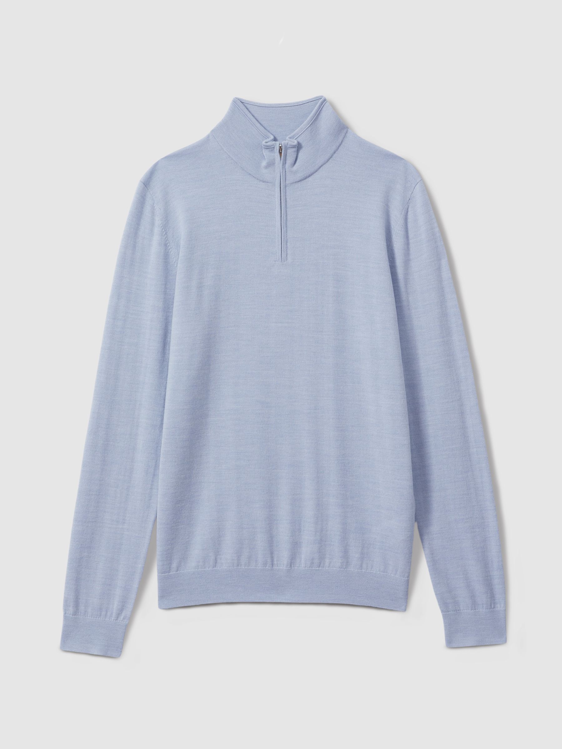Merino Wool Half-Zip Funnel Neck Jumper in Soft Blue Melange