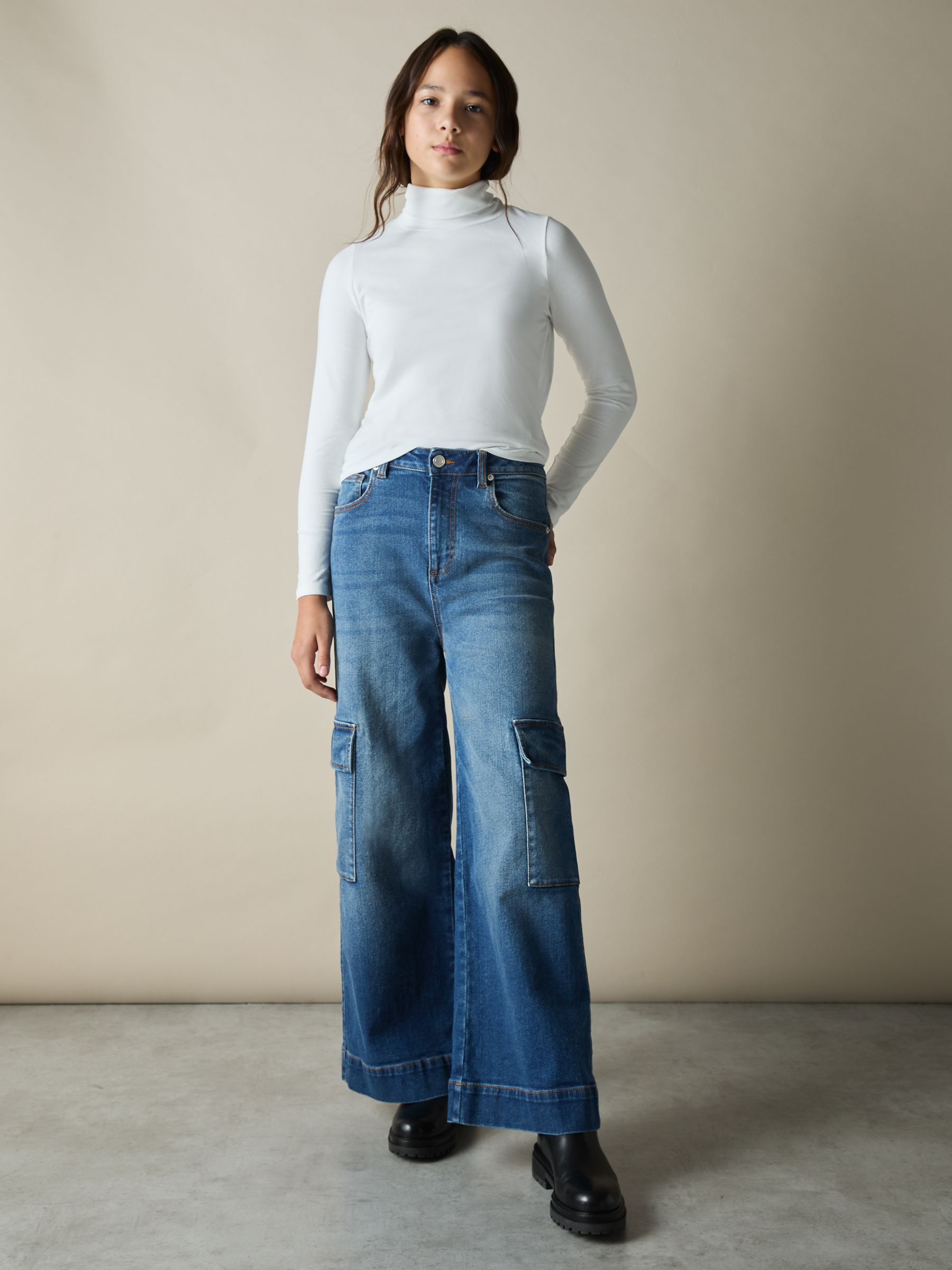 9-13 yrs Wide-Leg Cargo-Pocket Jeans in Blue