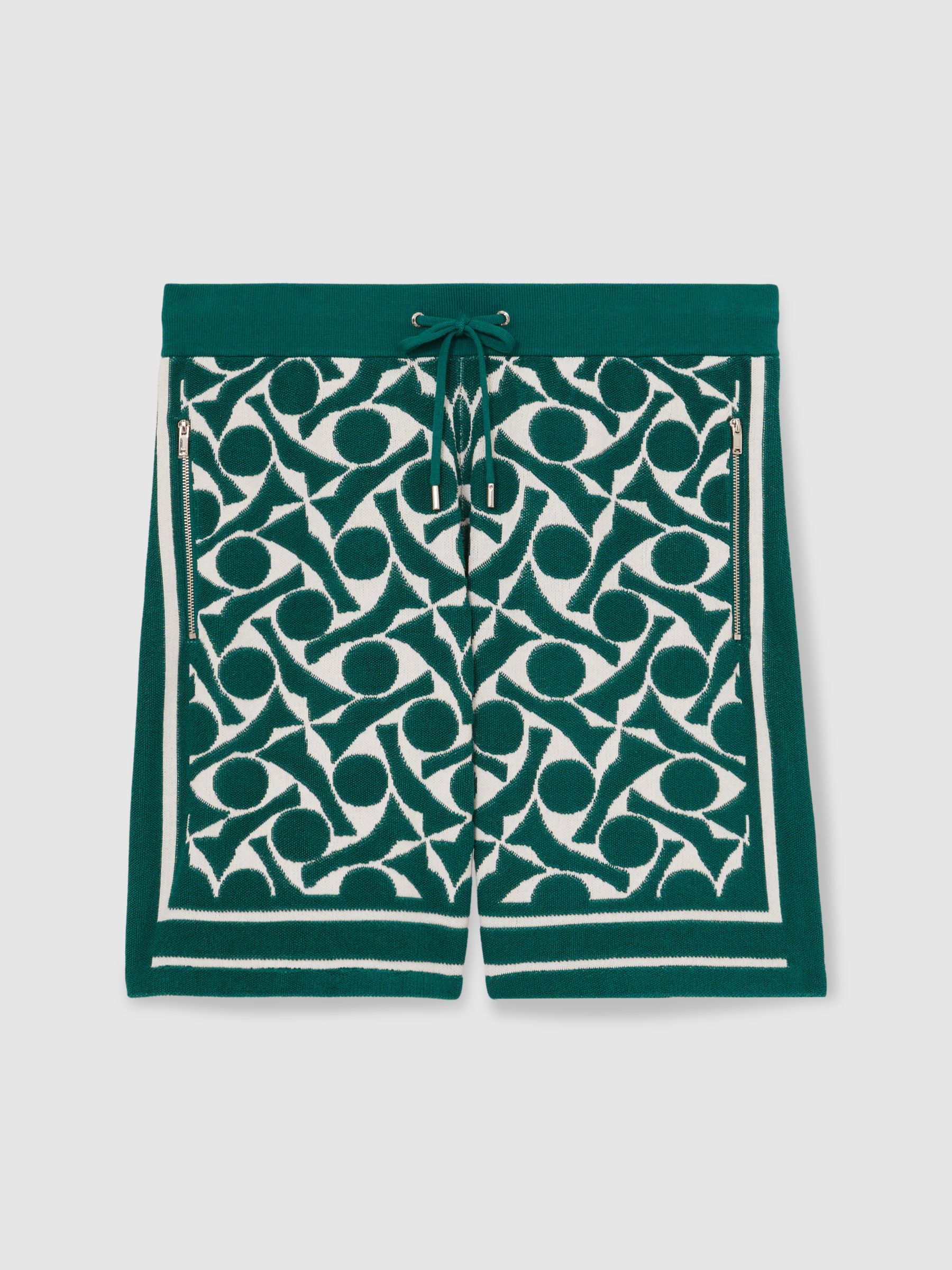 Abstract-Pattern Towelling Shorts in Green/White