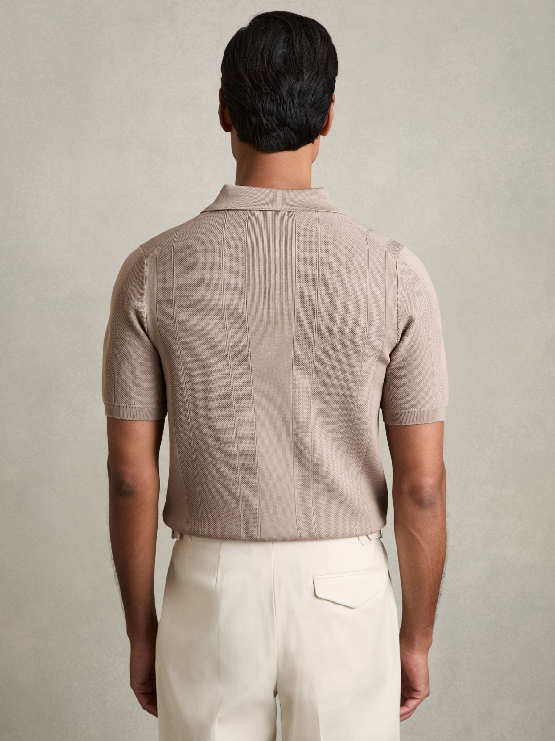 Half-Zip Textured-Knit Polo Shirt in Taupe Brown