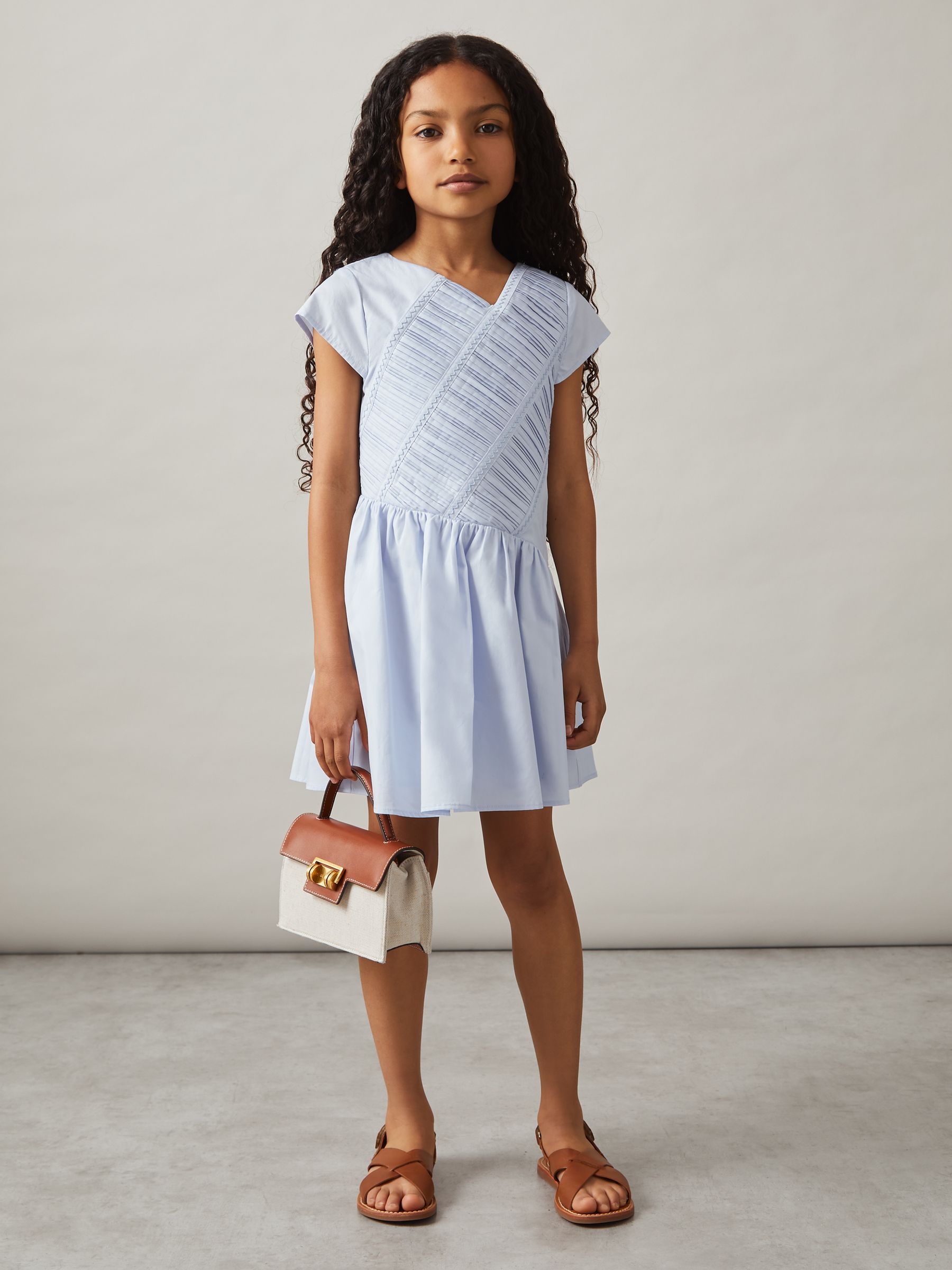 9-13 yrs Cotton Tucked-Pleat Dress in Blue