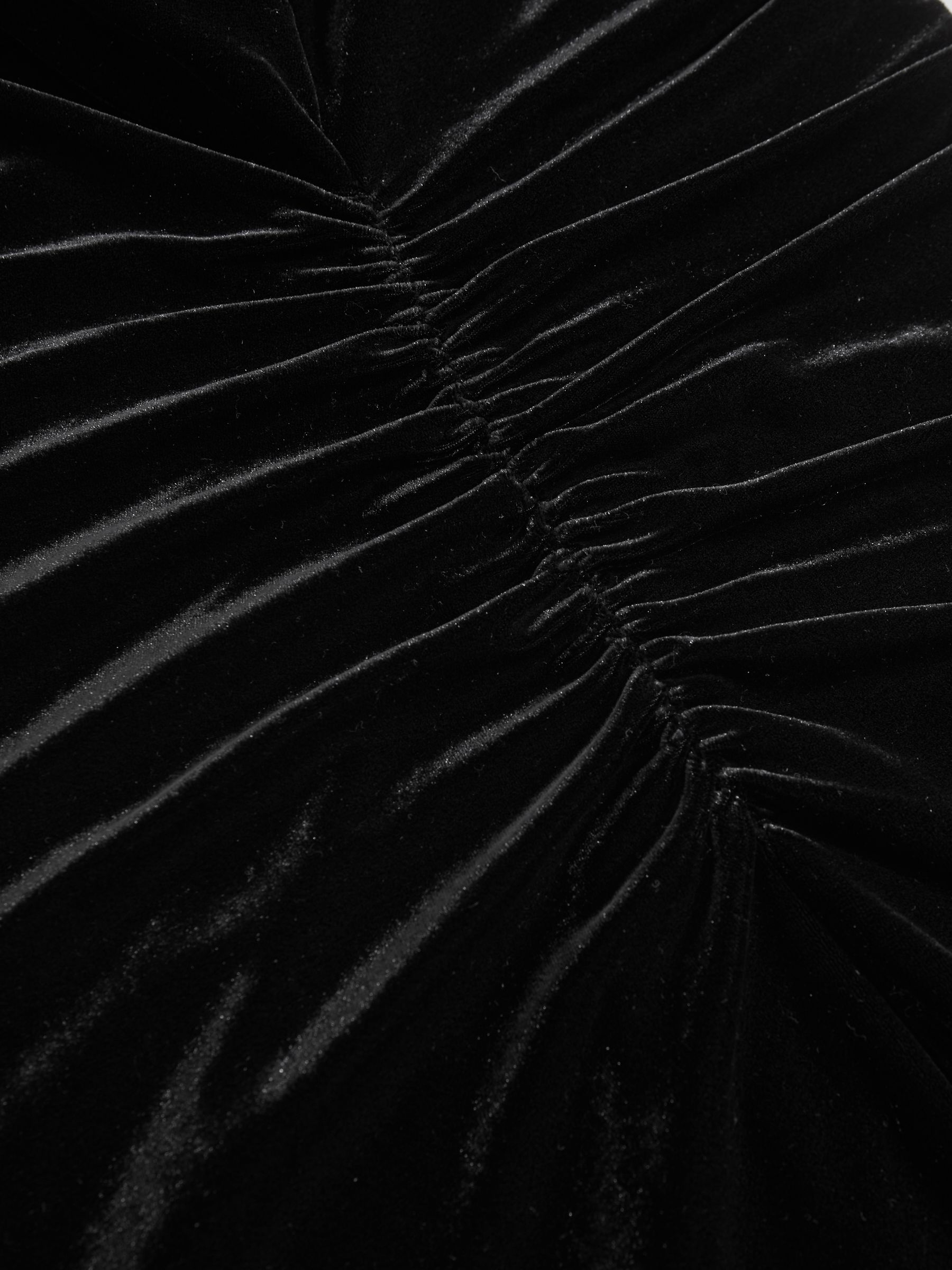 Velvet Draped-Neck Ruched Midi Dress in Black