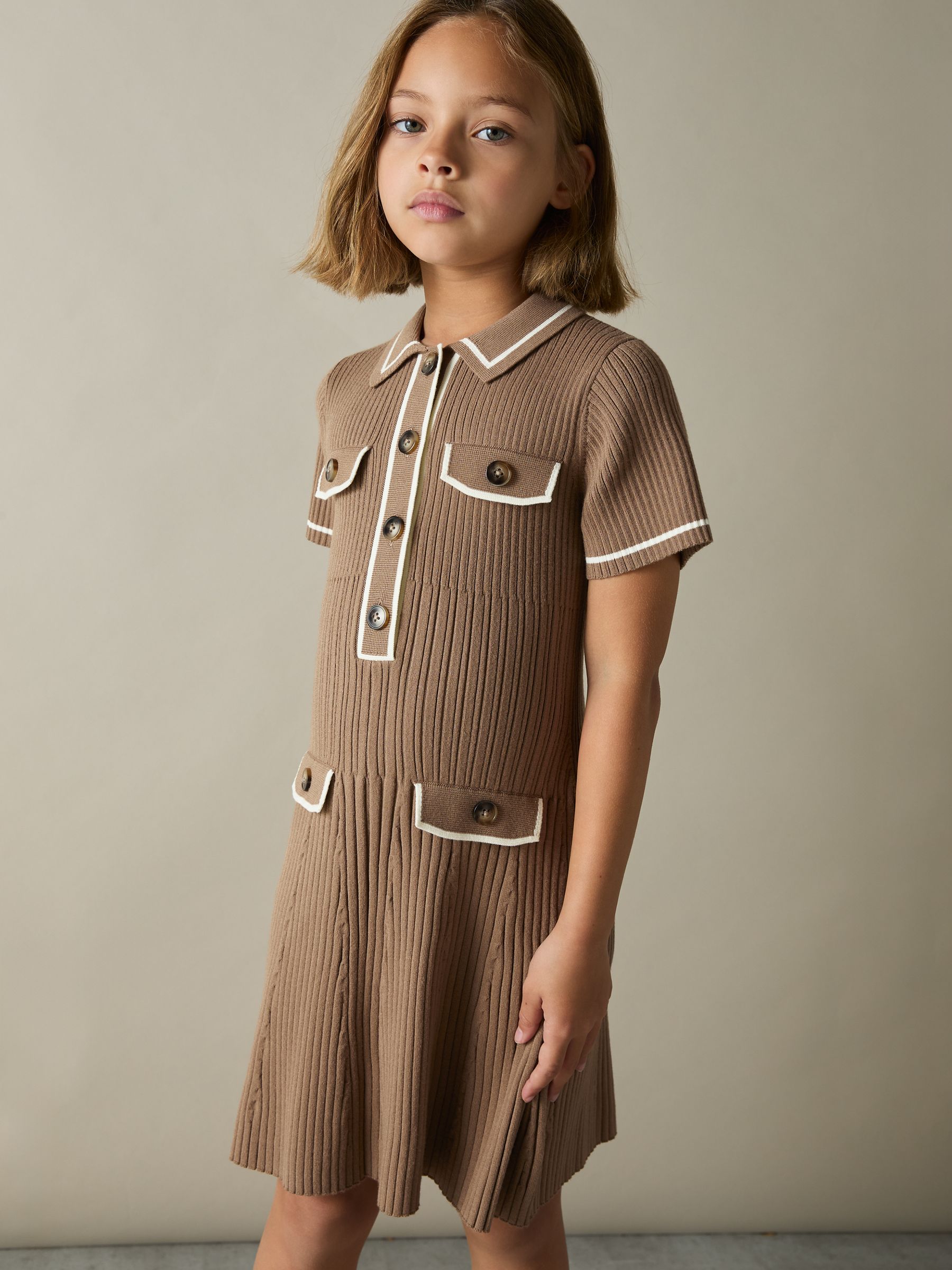 9-13 yrs Rib-Knit Button-Down Dress in Brown
