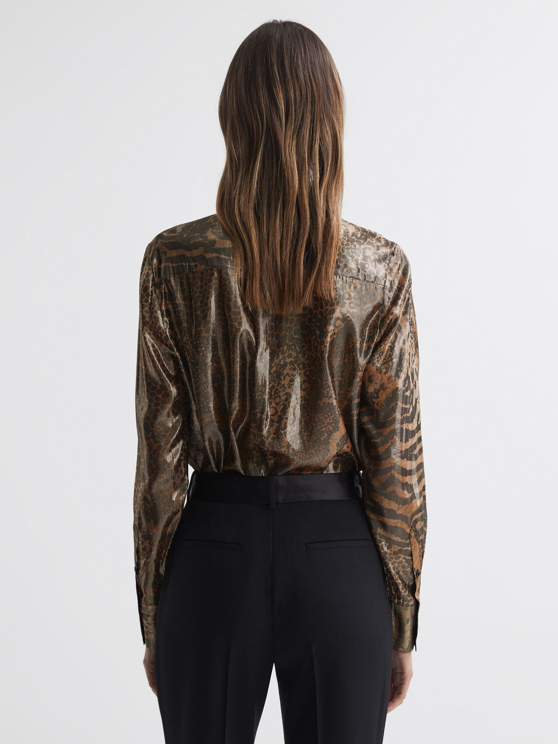 Metallic Animal Print Tie Neck Blouse in Gold