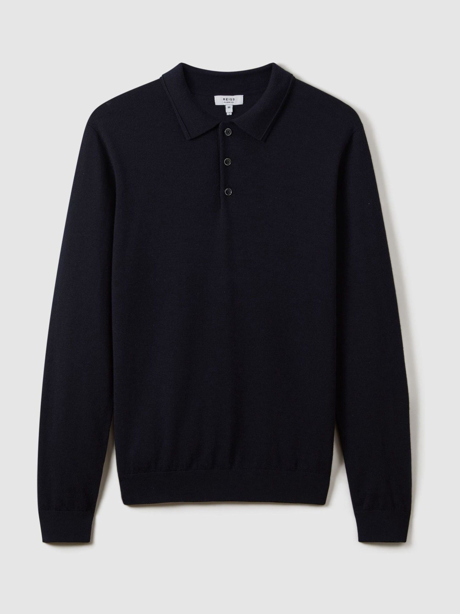 Merino Wool Long-Sleeve Polo Shirt in Navy