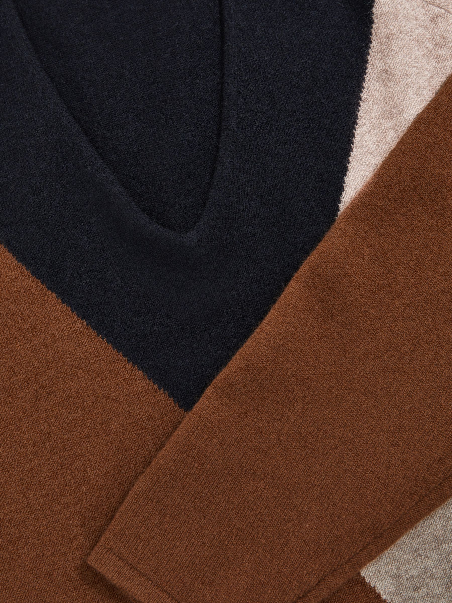 Wool-Blend Colourblock Knit Jumper with Cashmere in Toffee Brown/Navy/Neutral