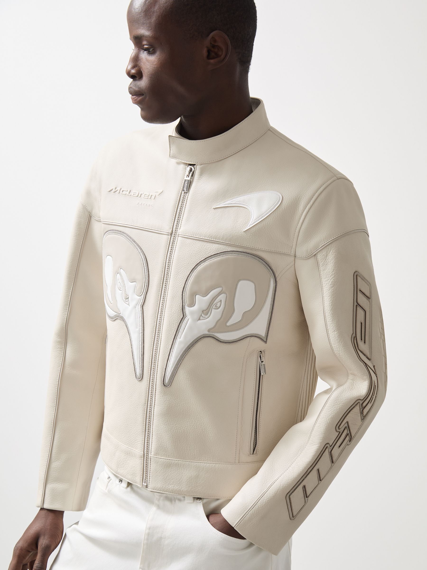 McLaren F1 Team Leather Biker Jacket in Off White