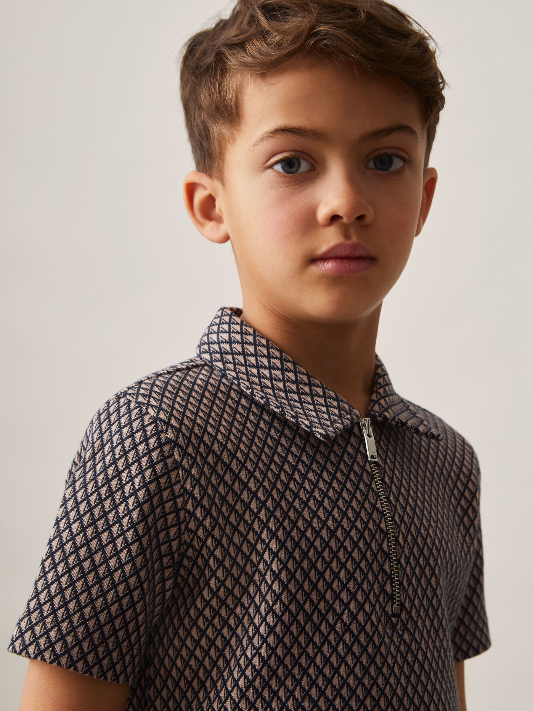 9-13 yrs Geometric Jacquard Polo Shirt in Tobacco Brown/Navy