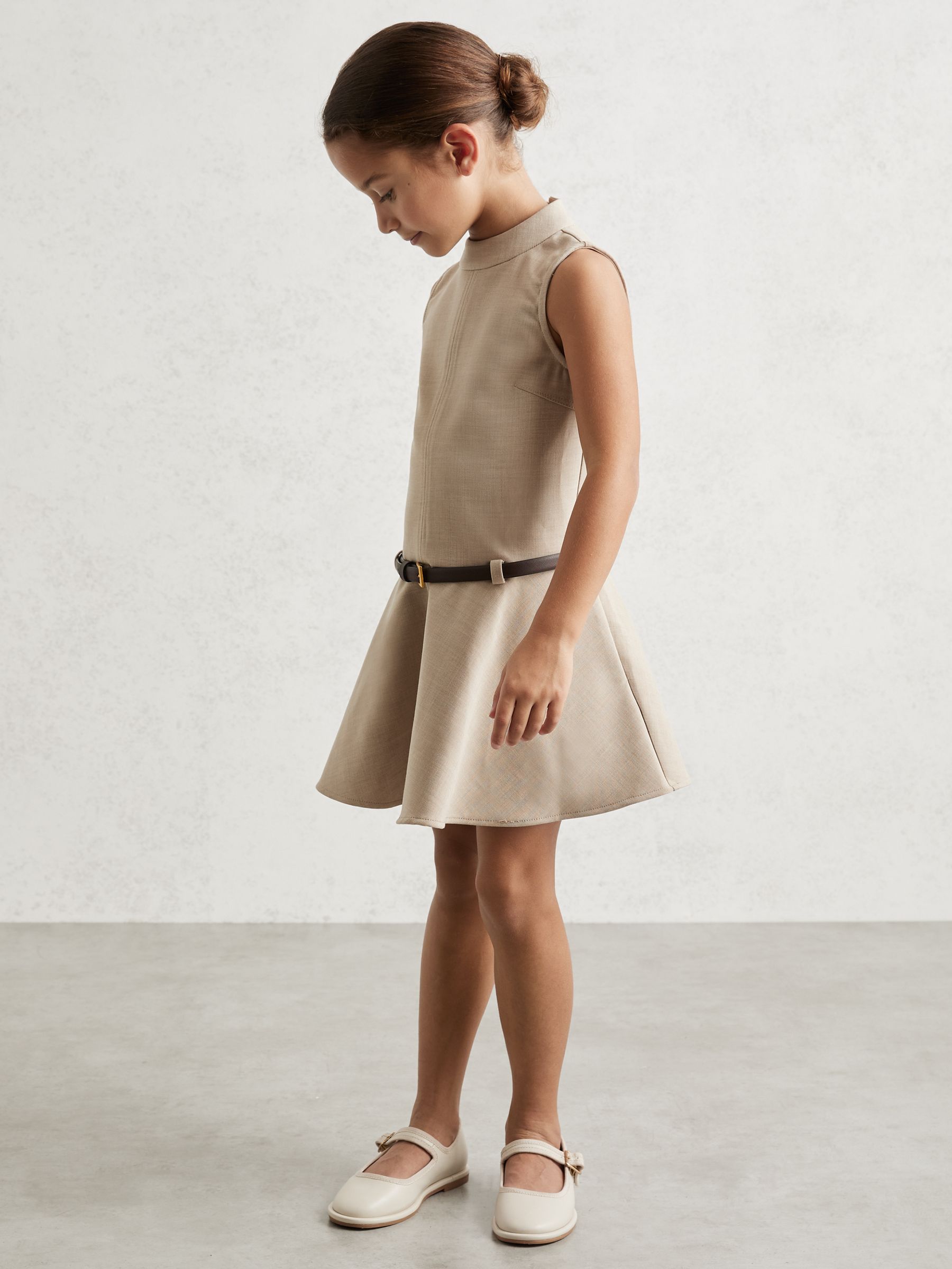 3-9 yrs Drop Waist Belted Sleeveless Dress in Neutral
