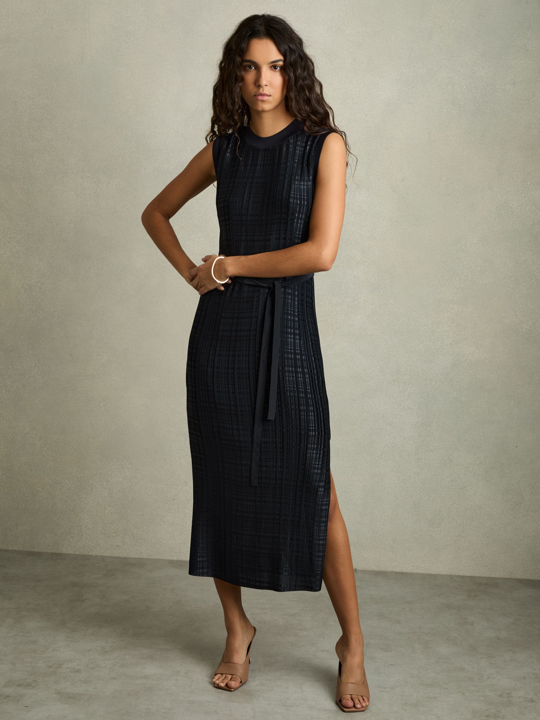 Pleated Column Midi Dress in Navy