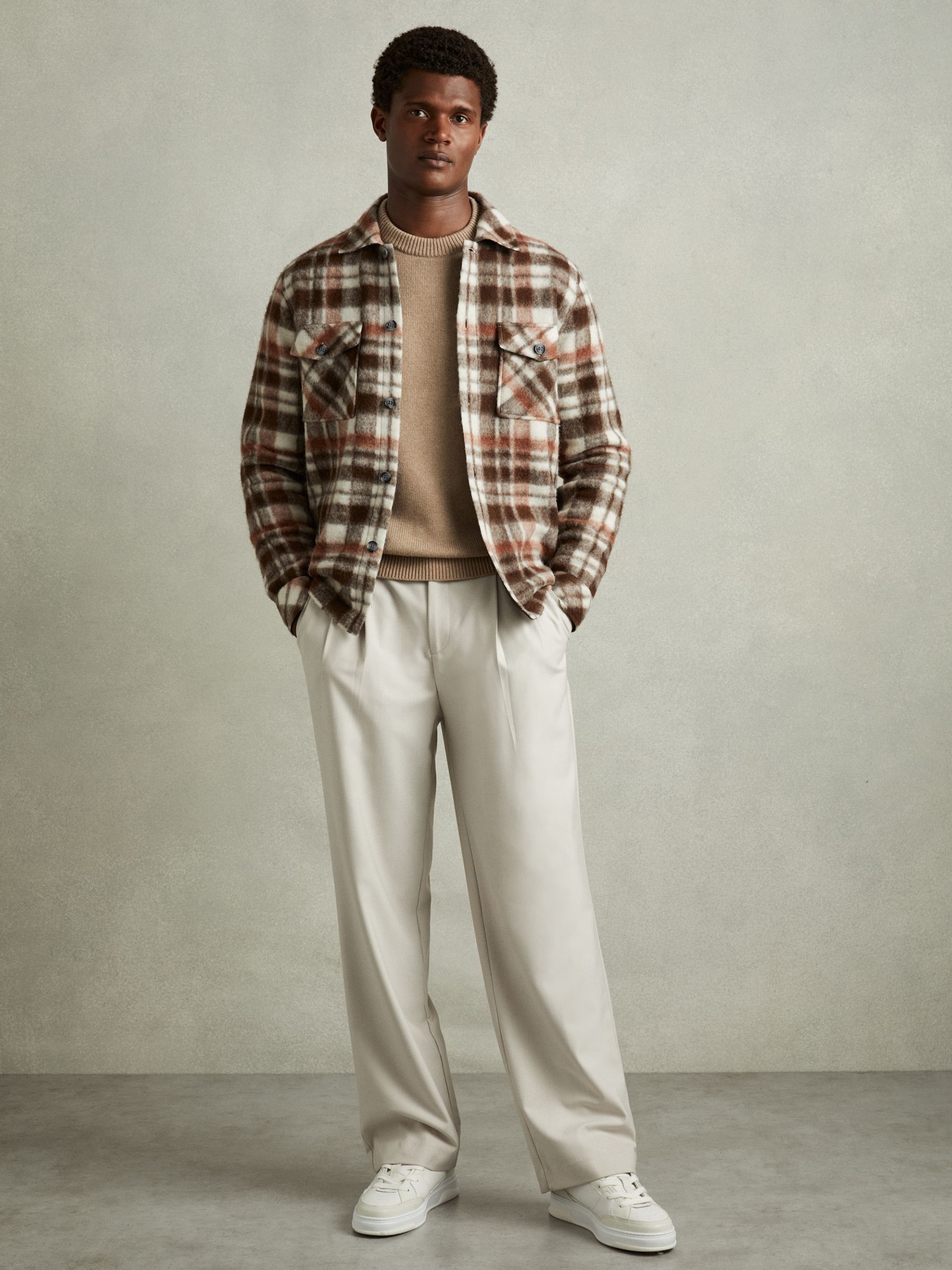 Patch-Pocket Checked Overshirt in Brown