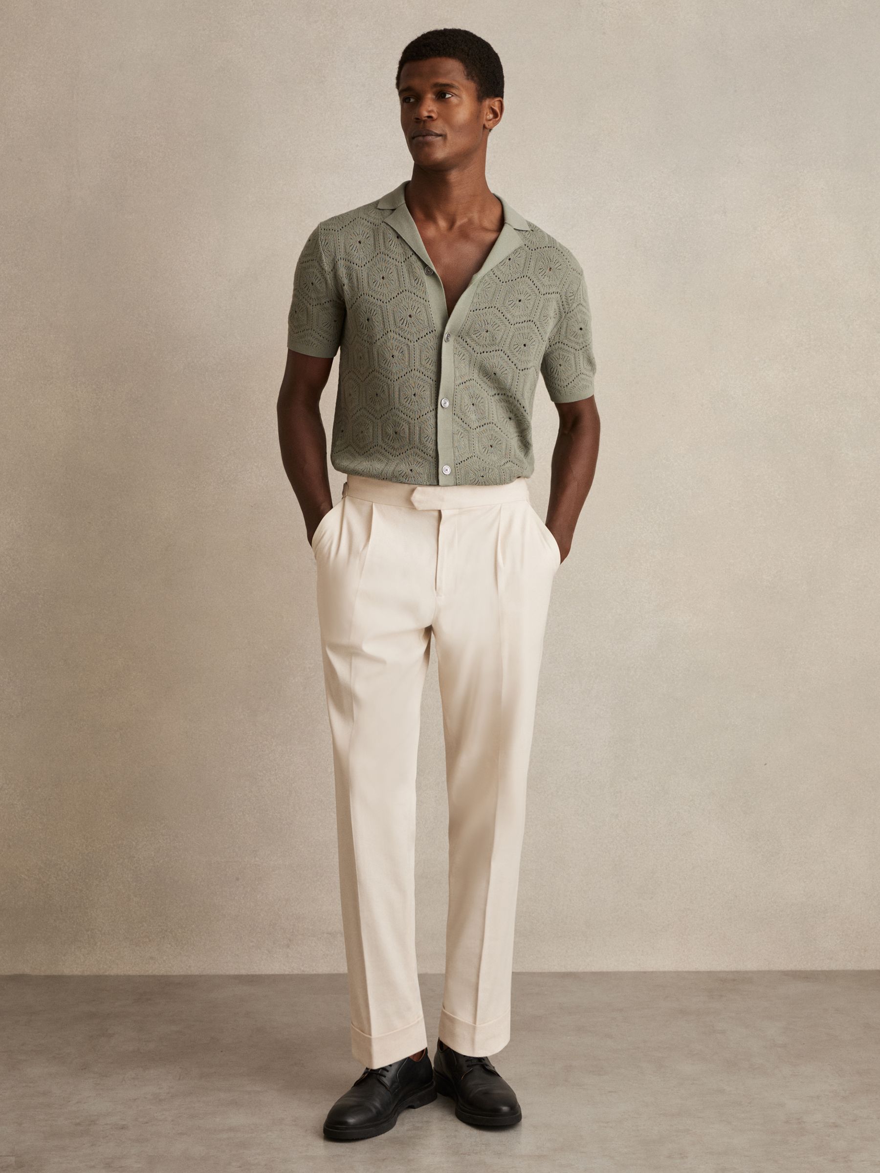 Pointelle Button-Through Shirt in Sage Green