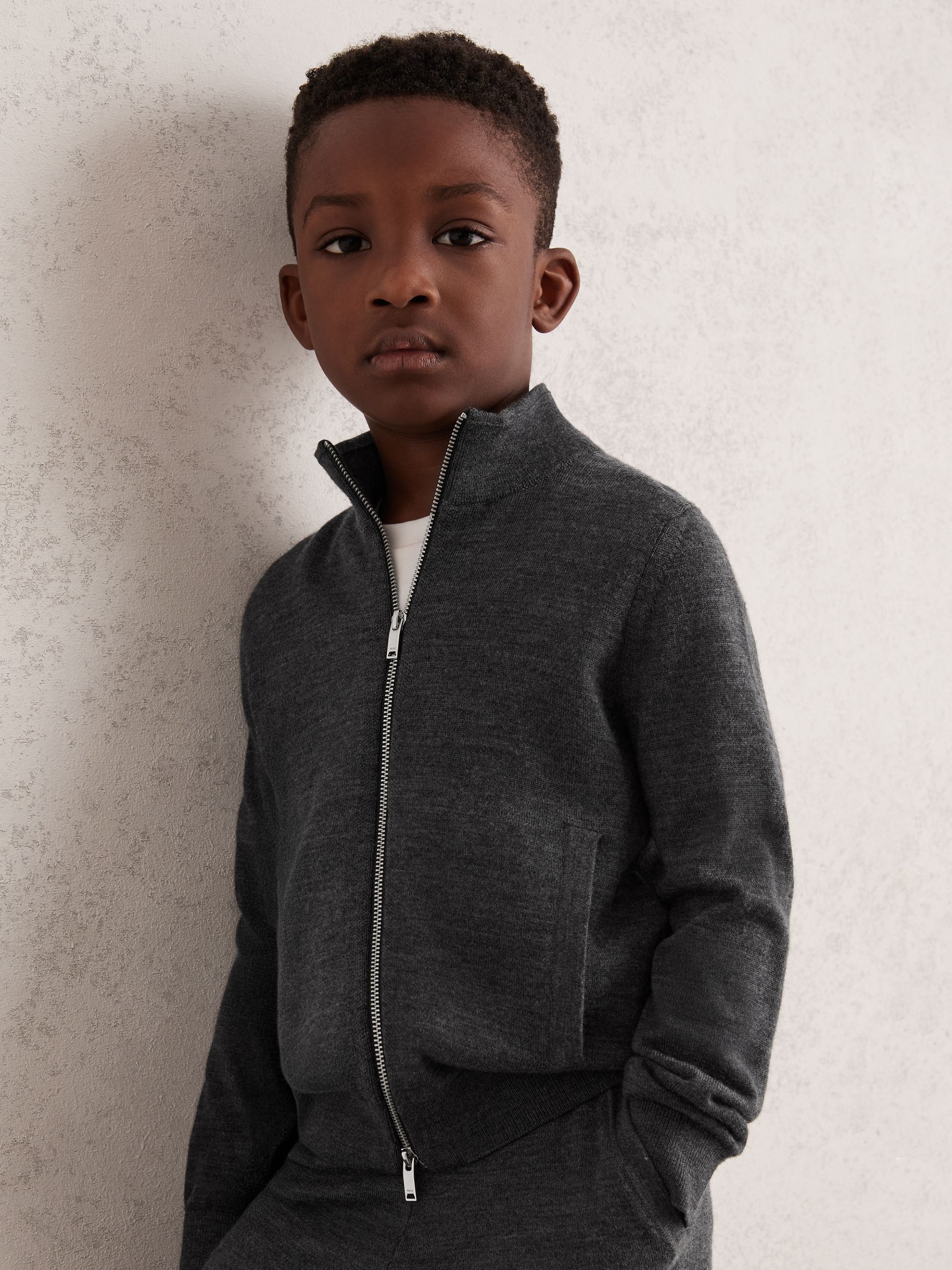 9-13 yrs Merino Wool-Blend Zip-Through Cardigan in Derby Grey Melange