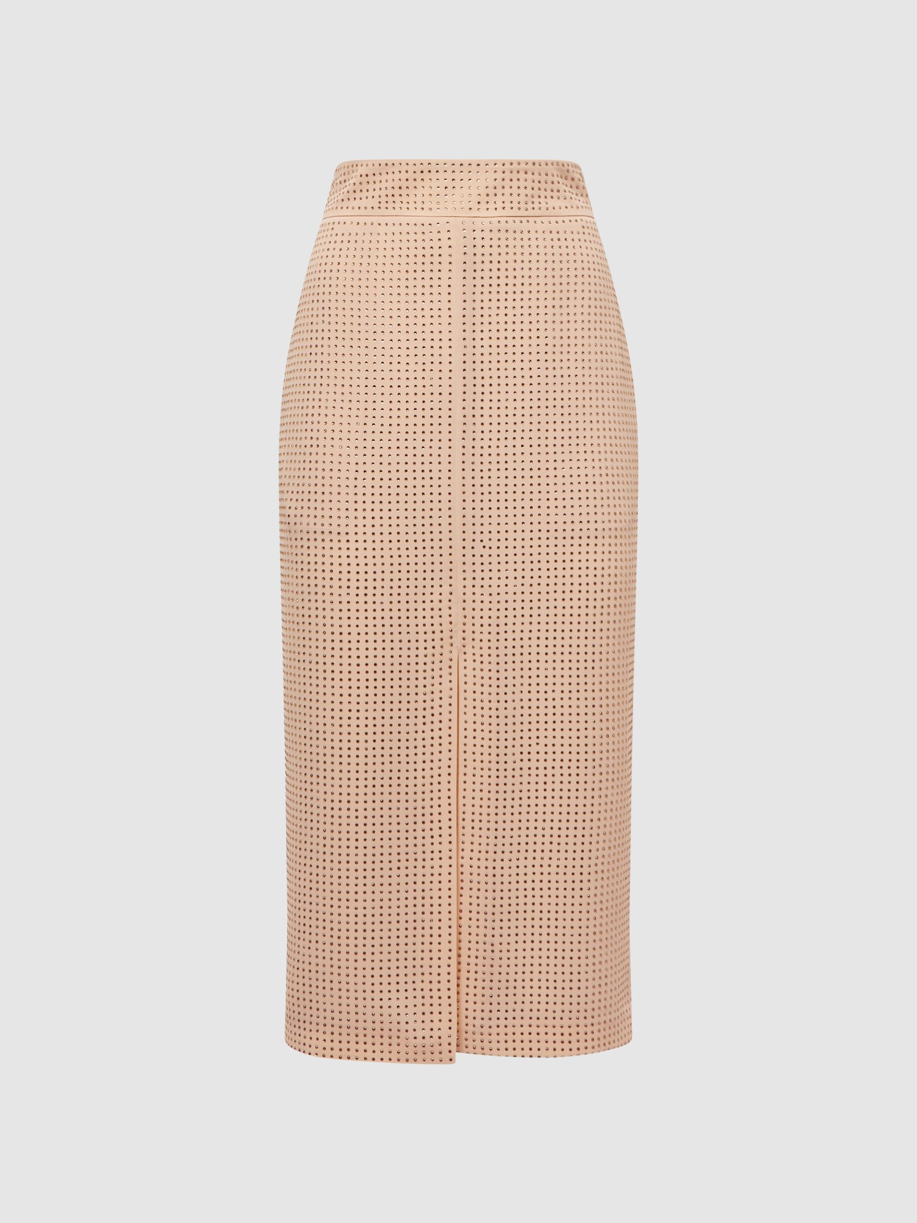 Embellished High Rise Midi Skirt in Nude