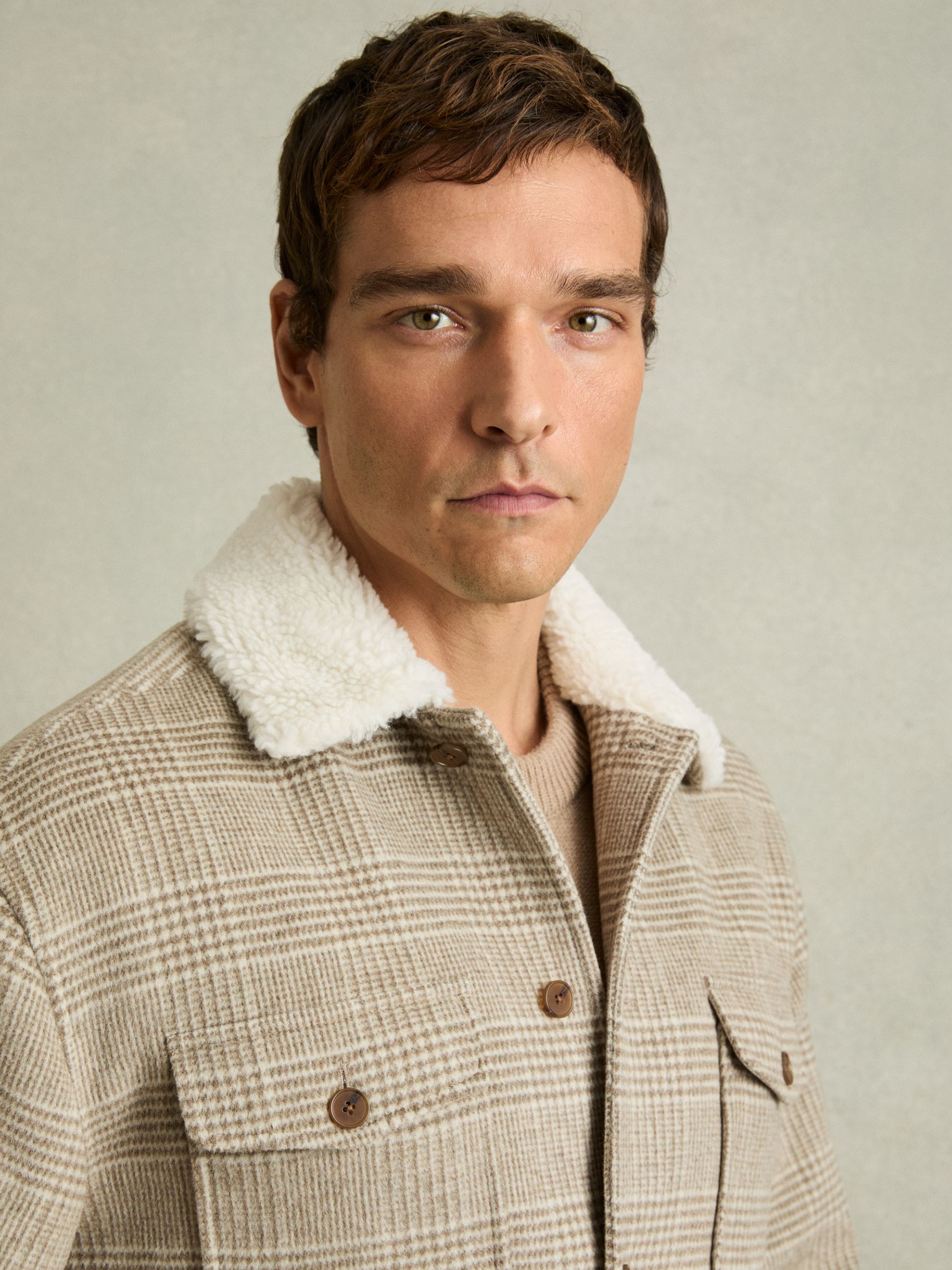 Wool-Blend Borg-Collar Check Overshirt in Oatmeal