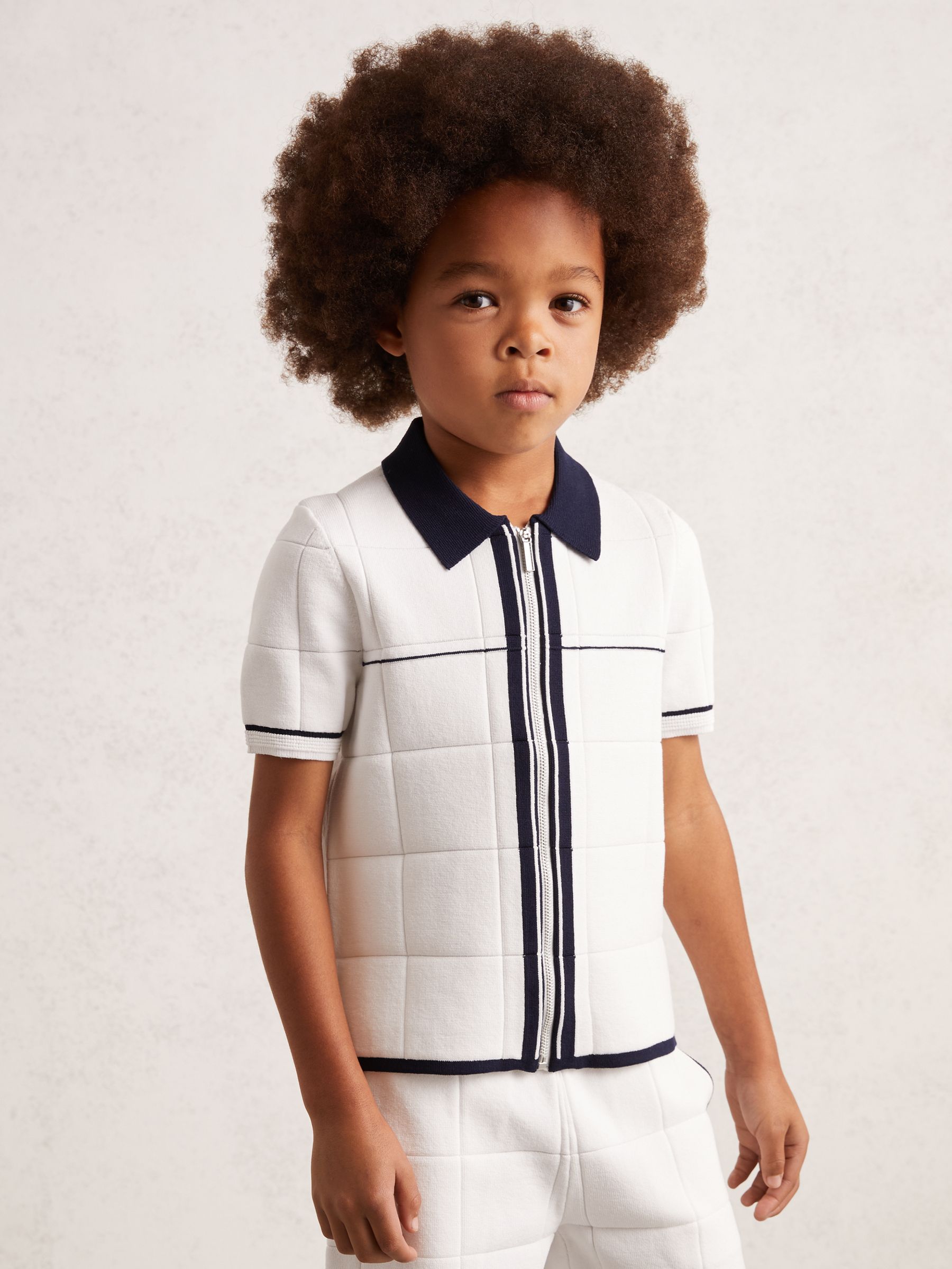 13-14 yrs Tipped Knit Zip-Through Shirt in White/Navy