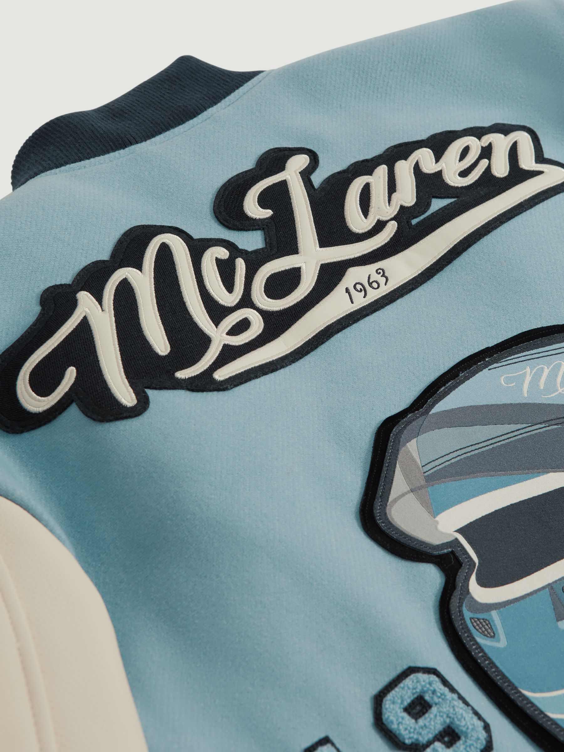 Leather Varsity Jacket in Soft Blue/Ecru