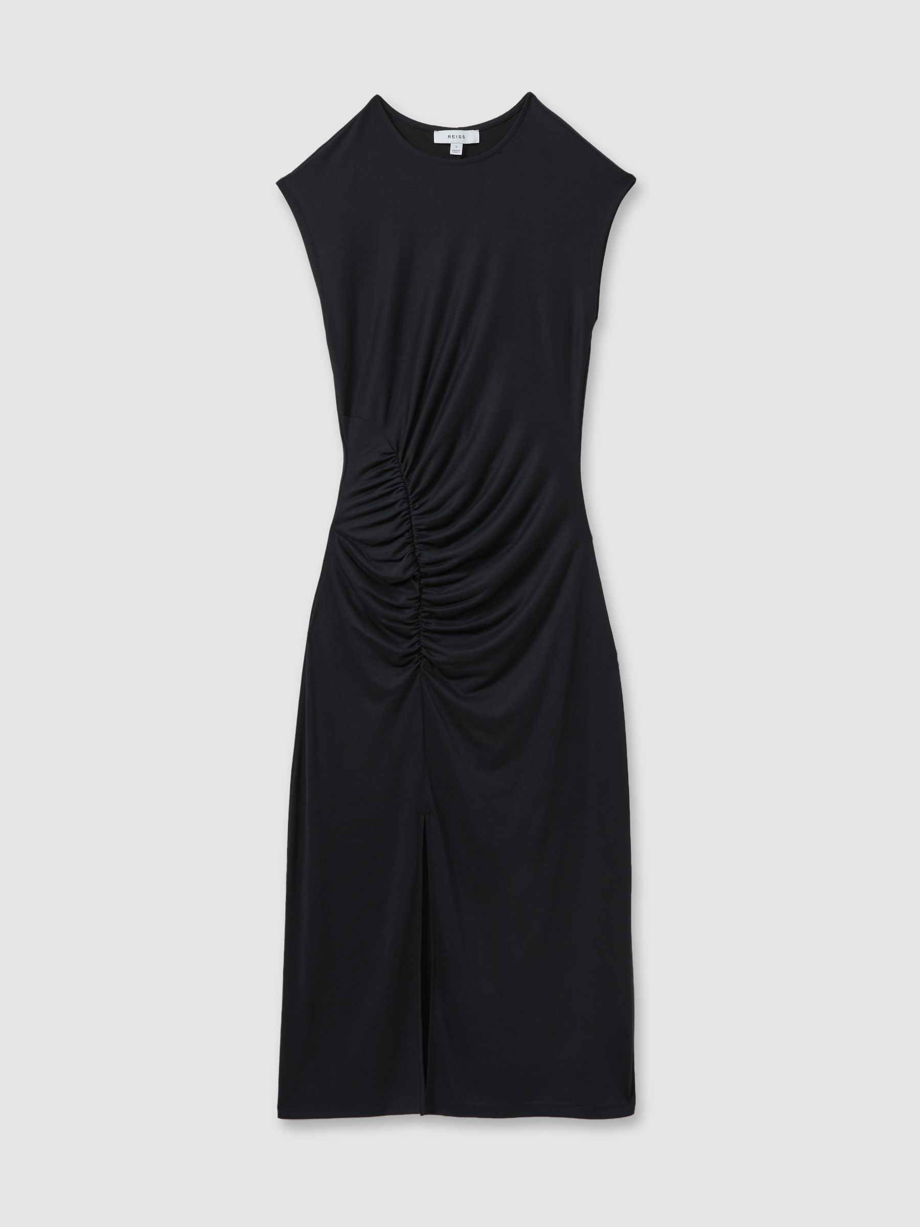 Ruche Front Capped Sleeve Jersey Midi Dress in Charcoal