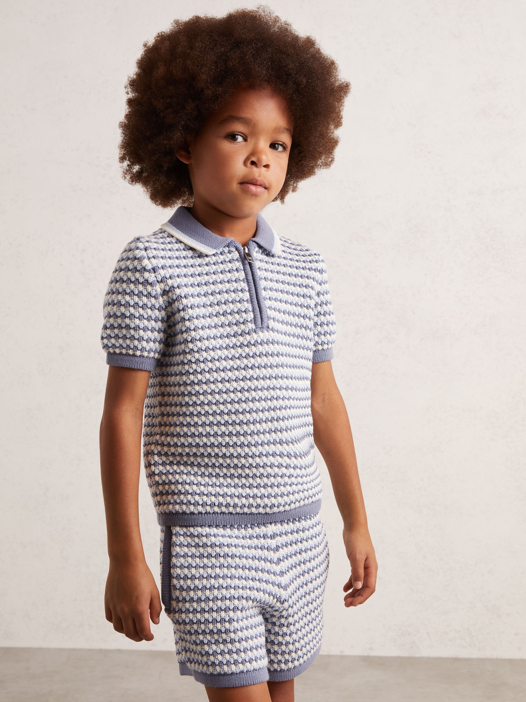 3-9 yrs Knitted Stripe Half-Zip Polo Shirt in Blue/White