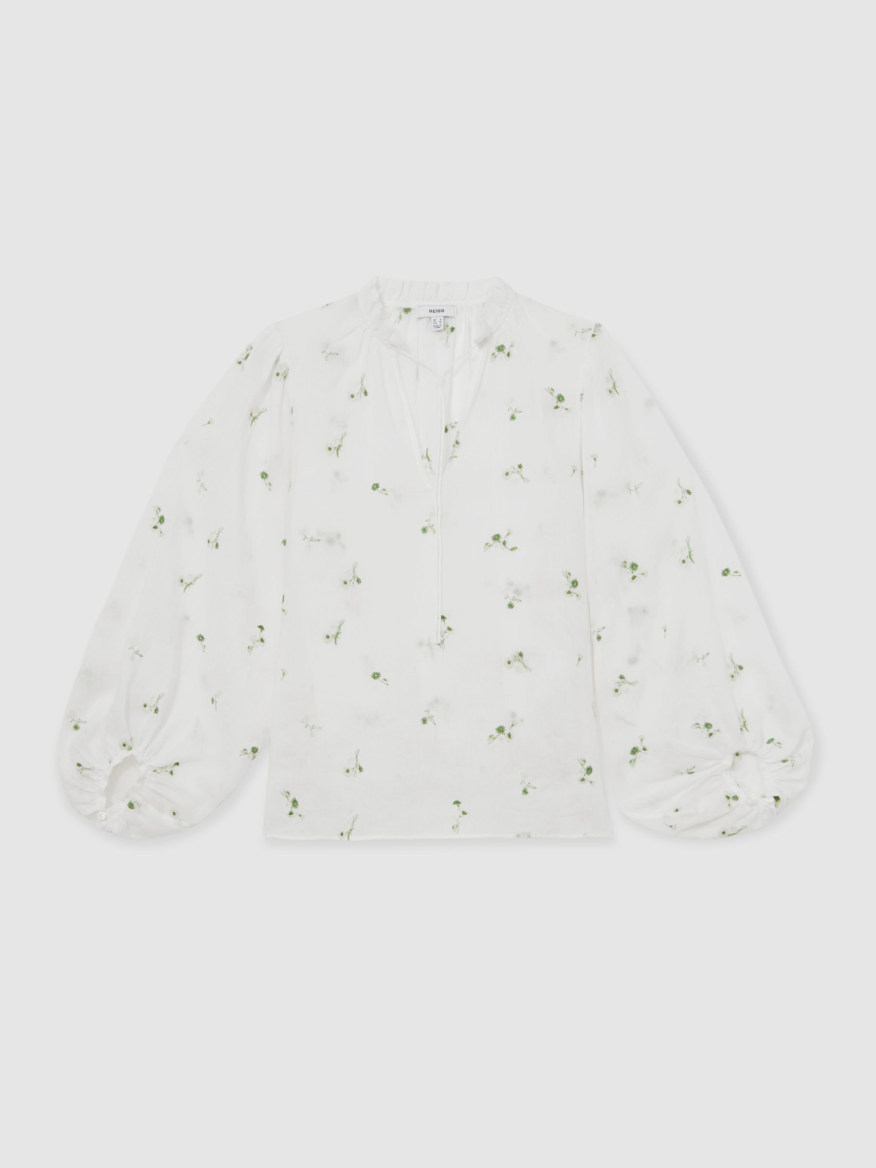 Floral-Embroidered Tie-Neck Blouse Ramie-Lyocell in Ivory