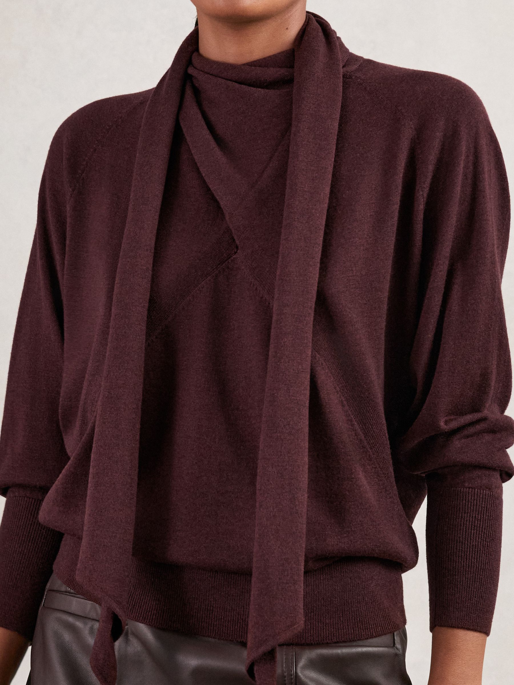 Wool Scarf-Tie Draped Jumper in Burgundy