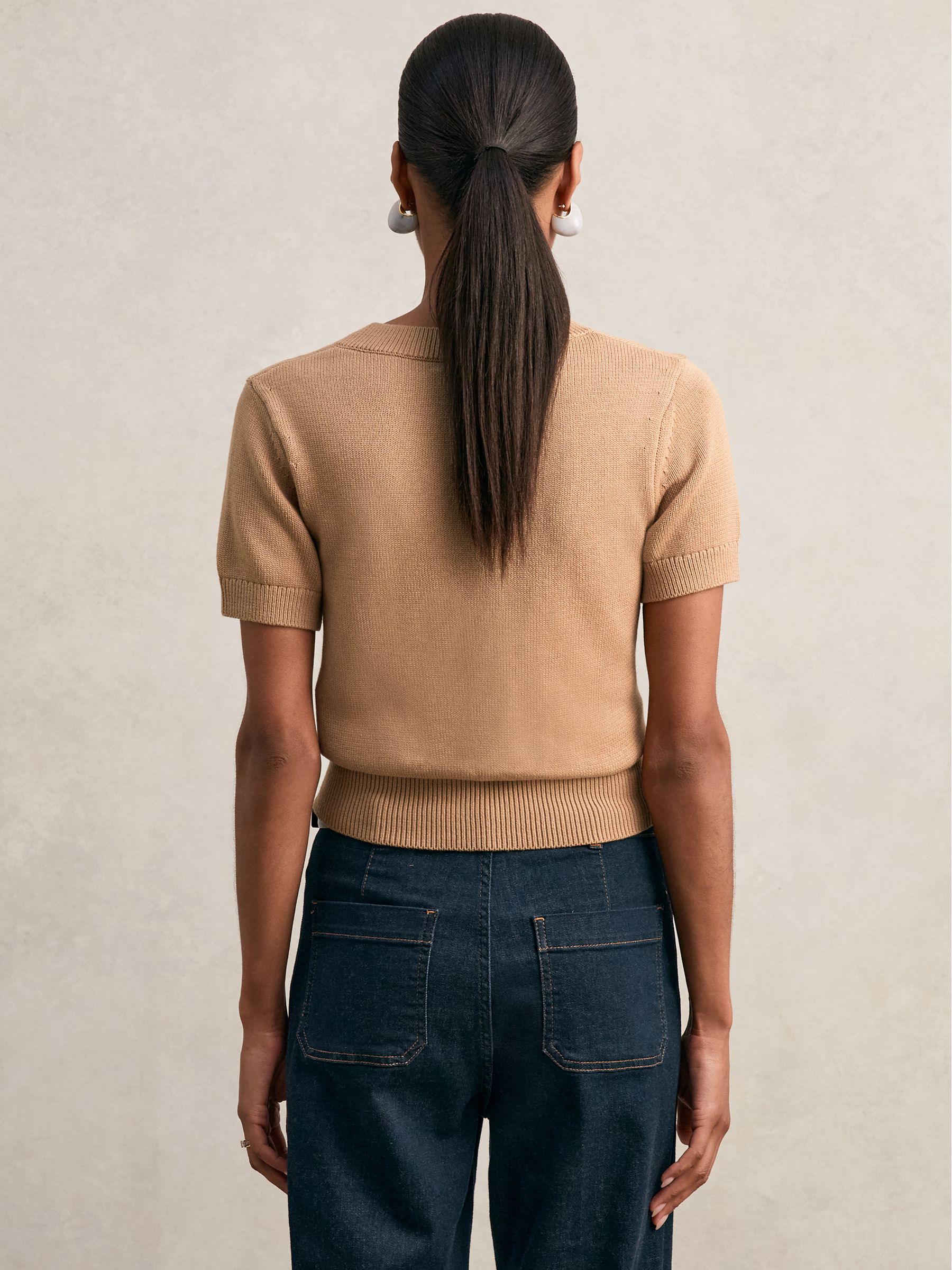 Cotton-Wool Knit V-Neck Top in Camel