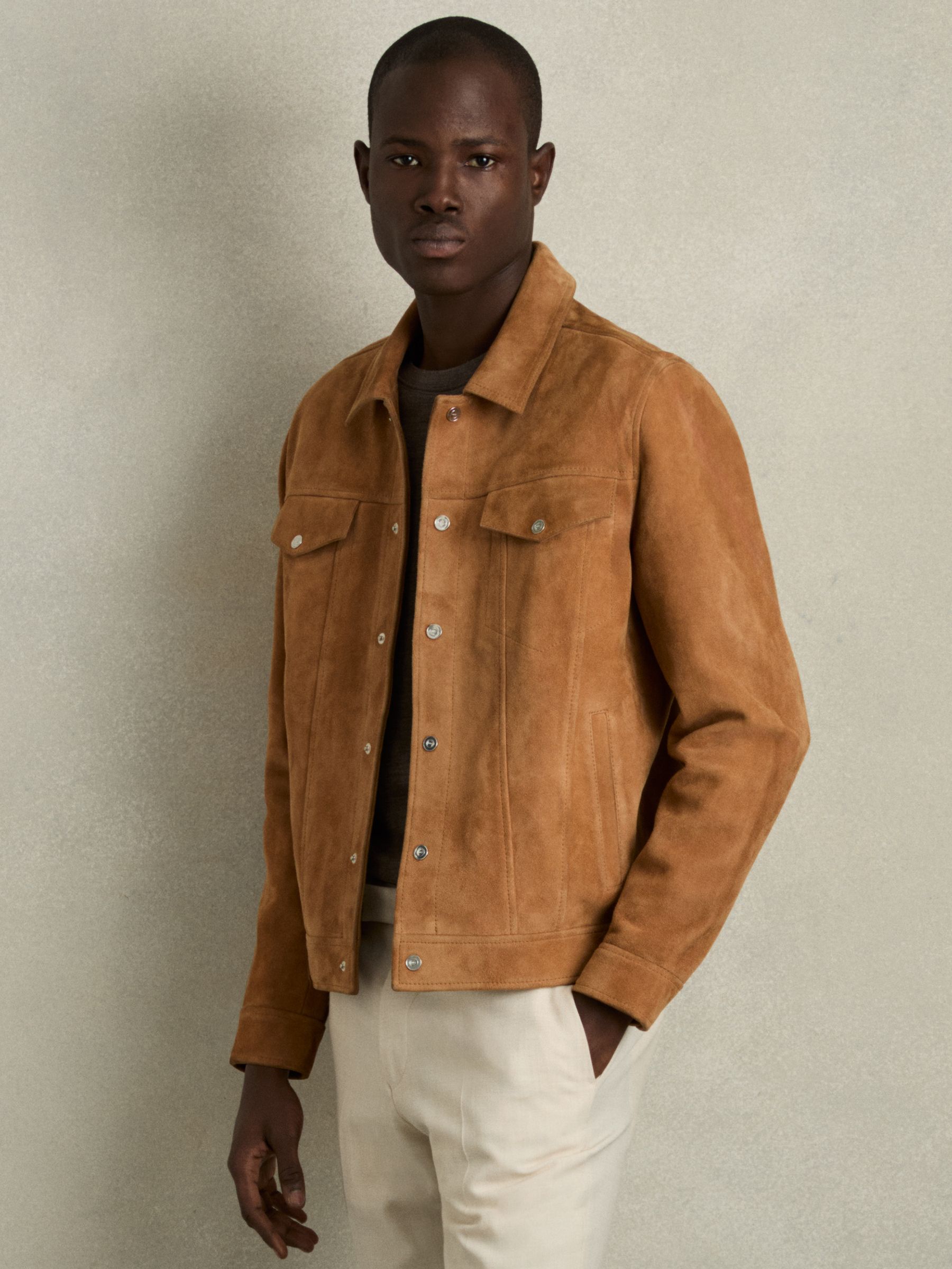 Suede Press-Stud Jacket in Tobacco Brown