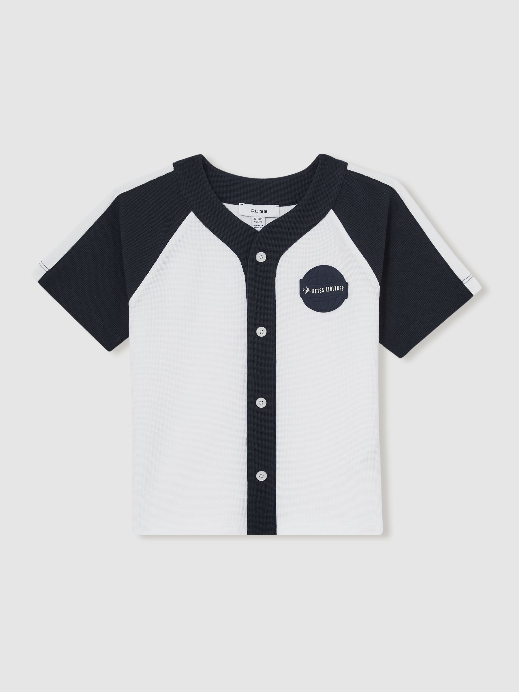 13-14 yrs Cotton Waffle-Knit Badge Shirt in Off White/Navy