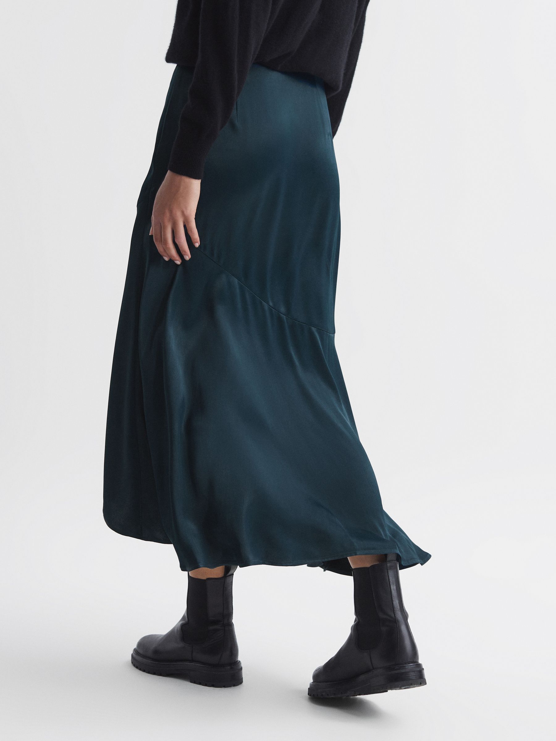 Satin High Rise Midi Skirt in Teal