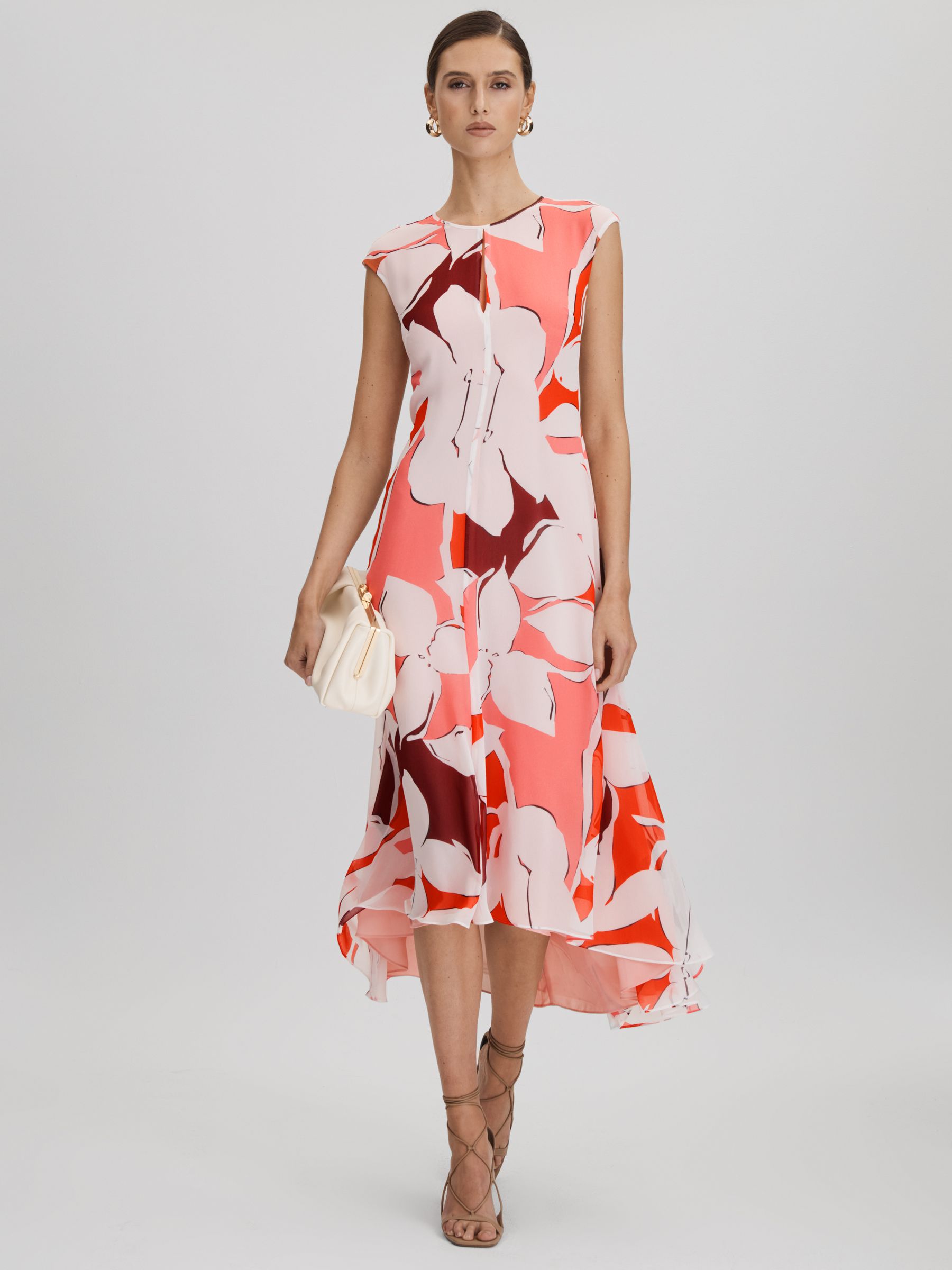 Printed Open Back Midi Dress in Red