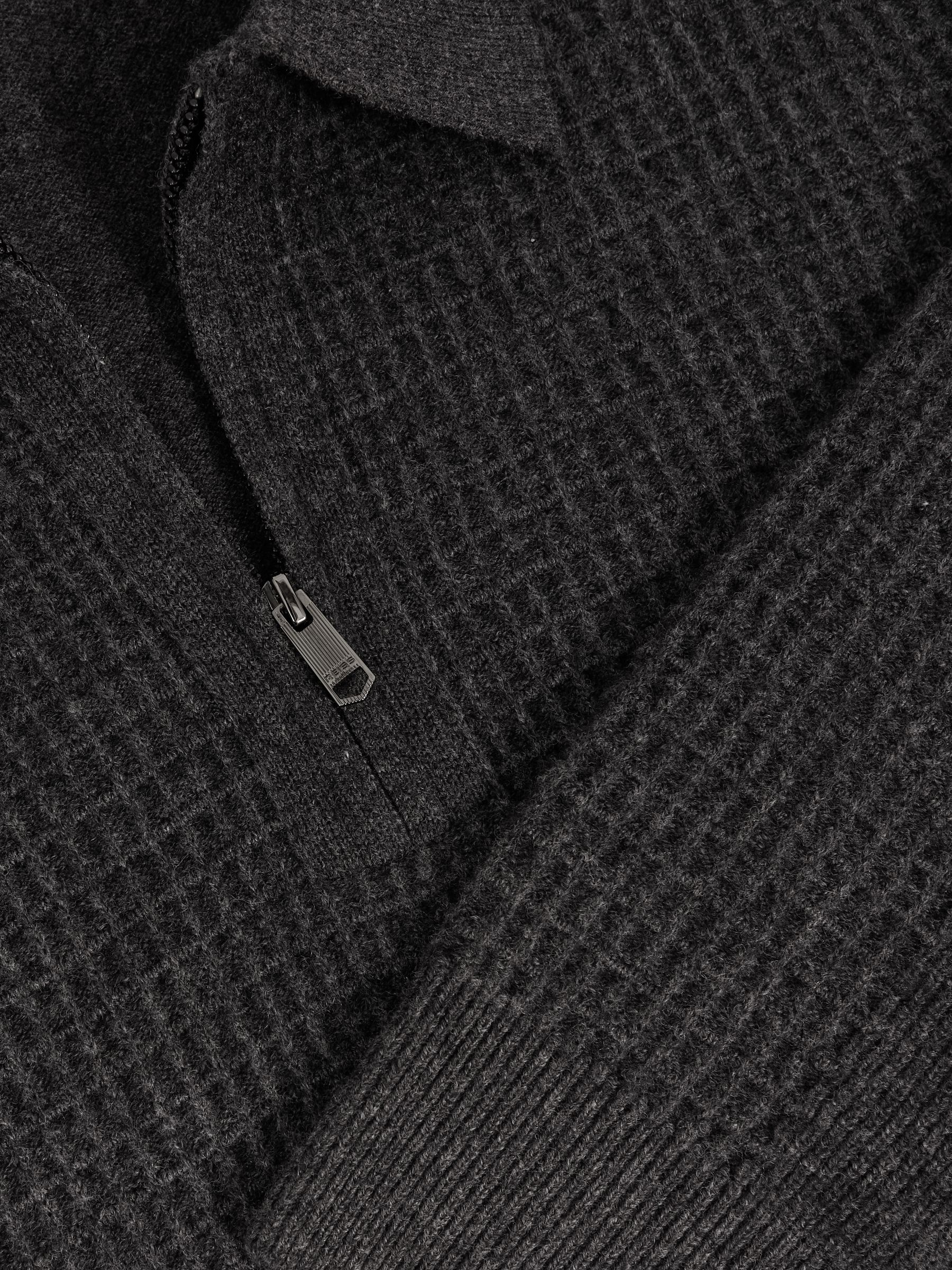 Wool Waffle-Knit Half-Zip Polo Shirt in Charcoal Grey
