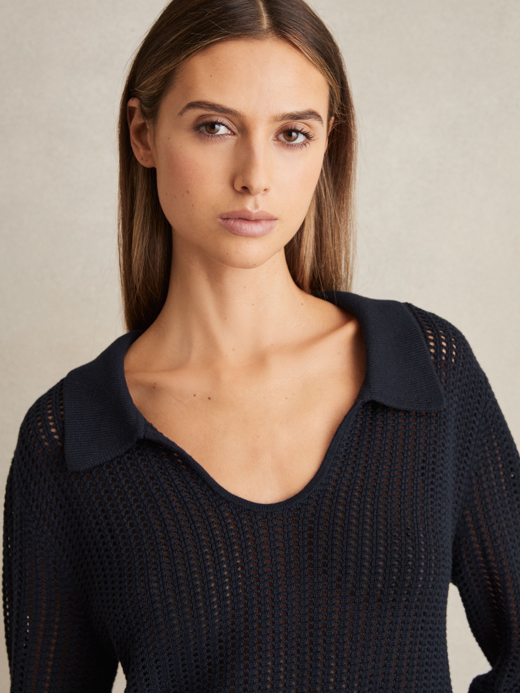 Cotton Blend Open Collar Jumper in Navy