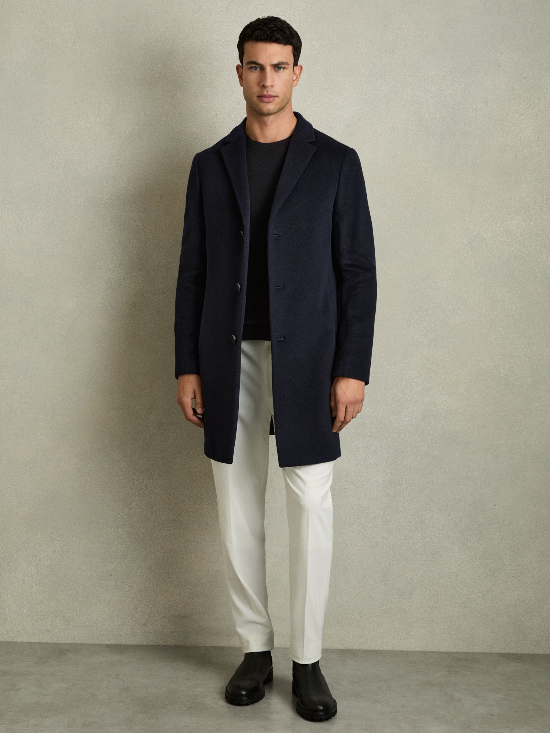 Wool-Blend Single-Breasted Overcoat in Navy