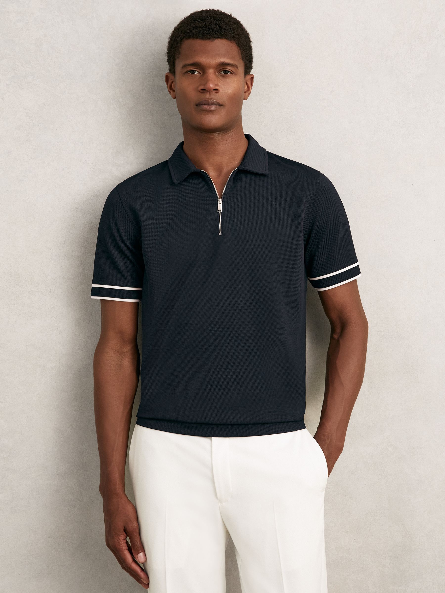 Textured Half-Zip Tipped Polo Shirt in Navy