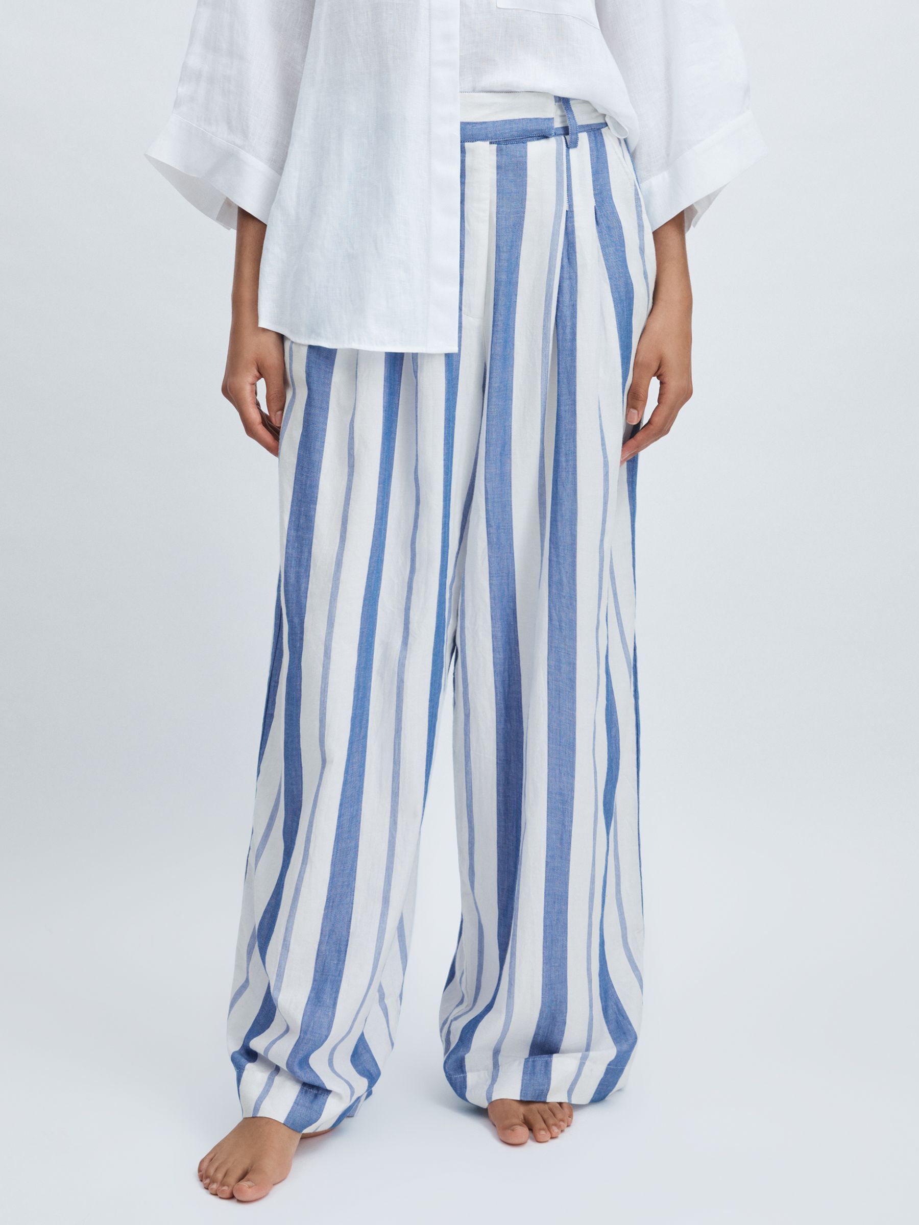 Mille 100% Cotton Striped Wide-Leg Trousers in Blue Stripe