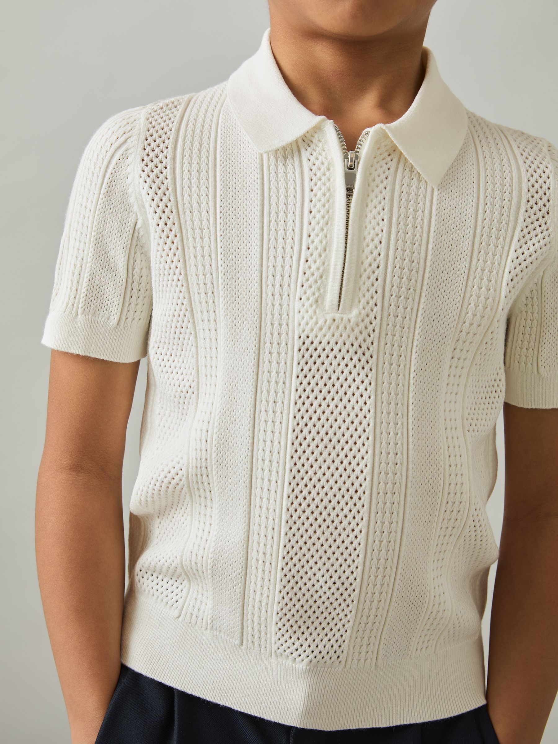9-13 yrs Textured-Knit Half-Zip Polo Shirt in Optic White