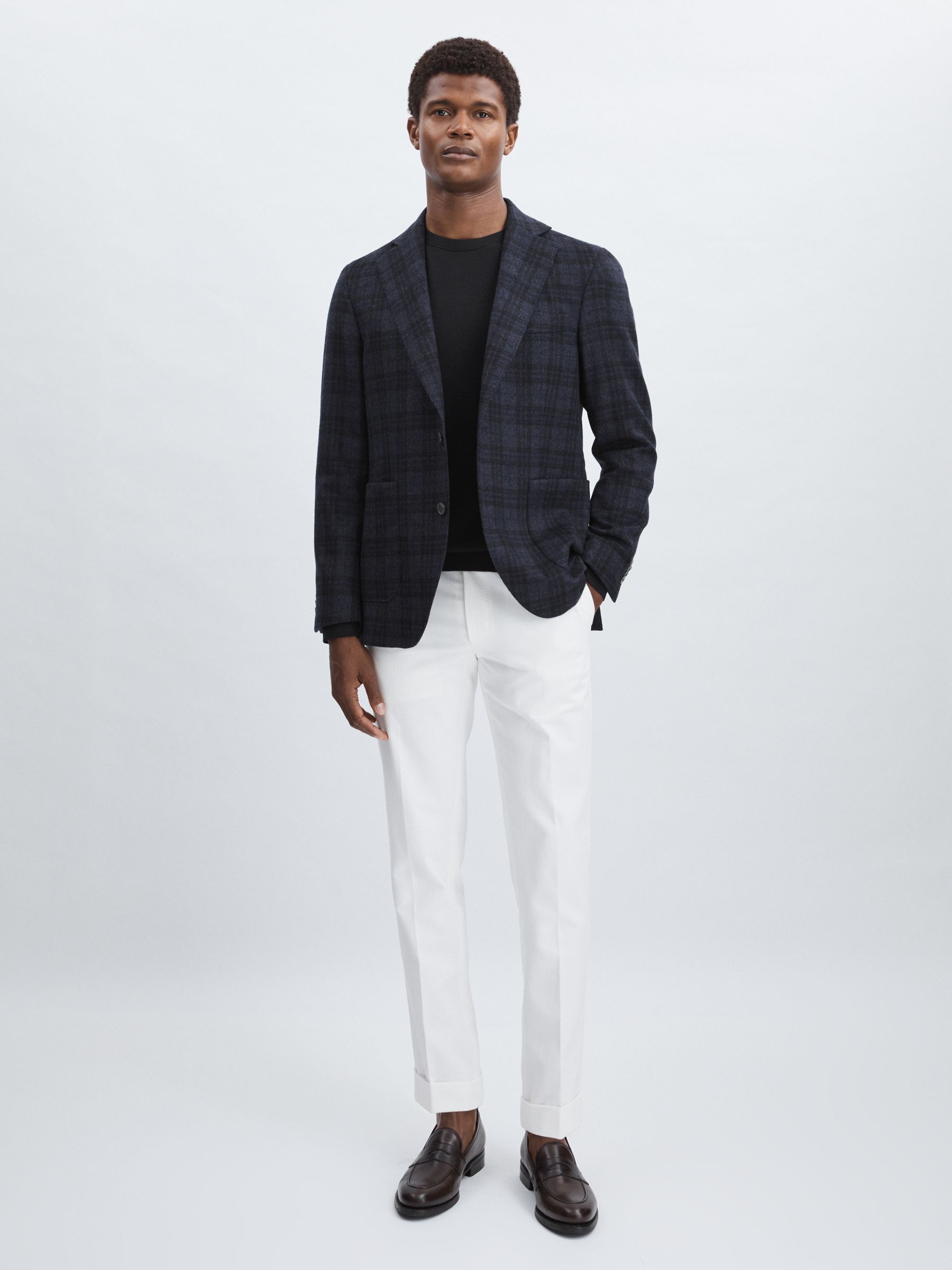 Oscar Jacobson Single Breasted Tweed Check Blazer in Navy