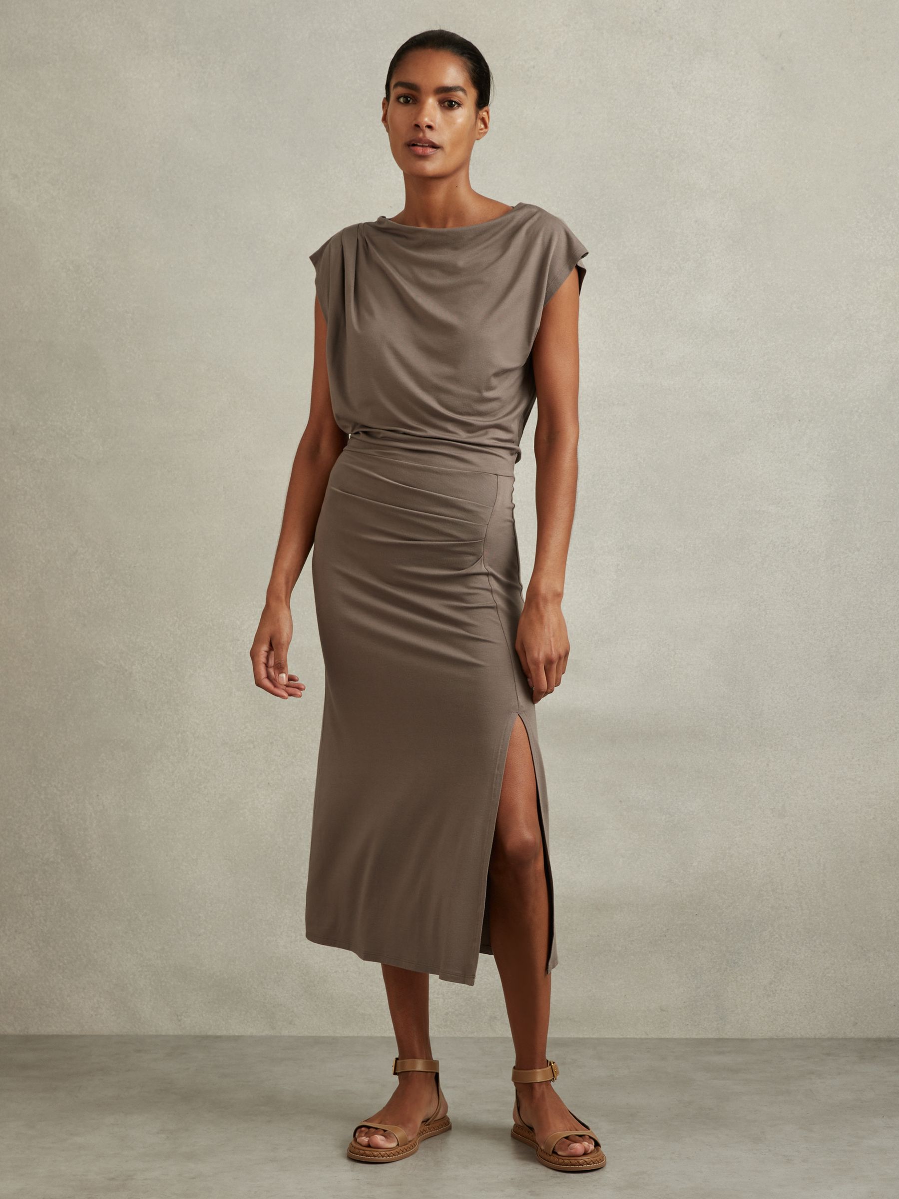 Ruched Jersey Midi Dress in Mocha