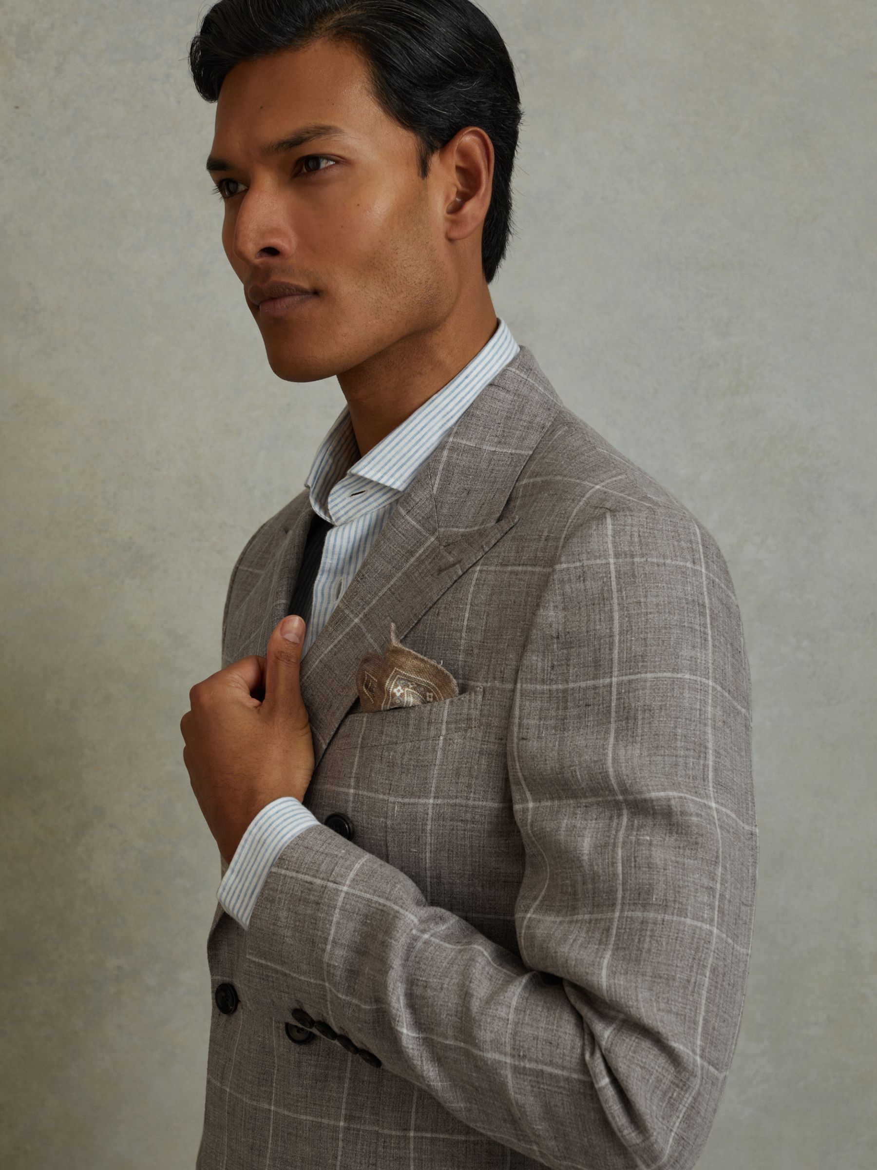 Linen Double Breasted Check Blazer in Light Taupe