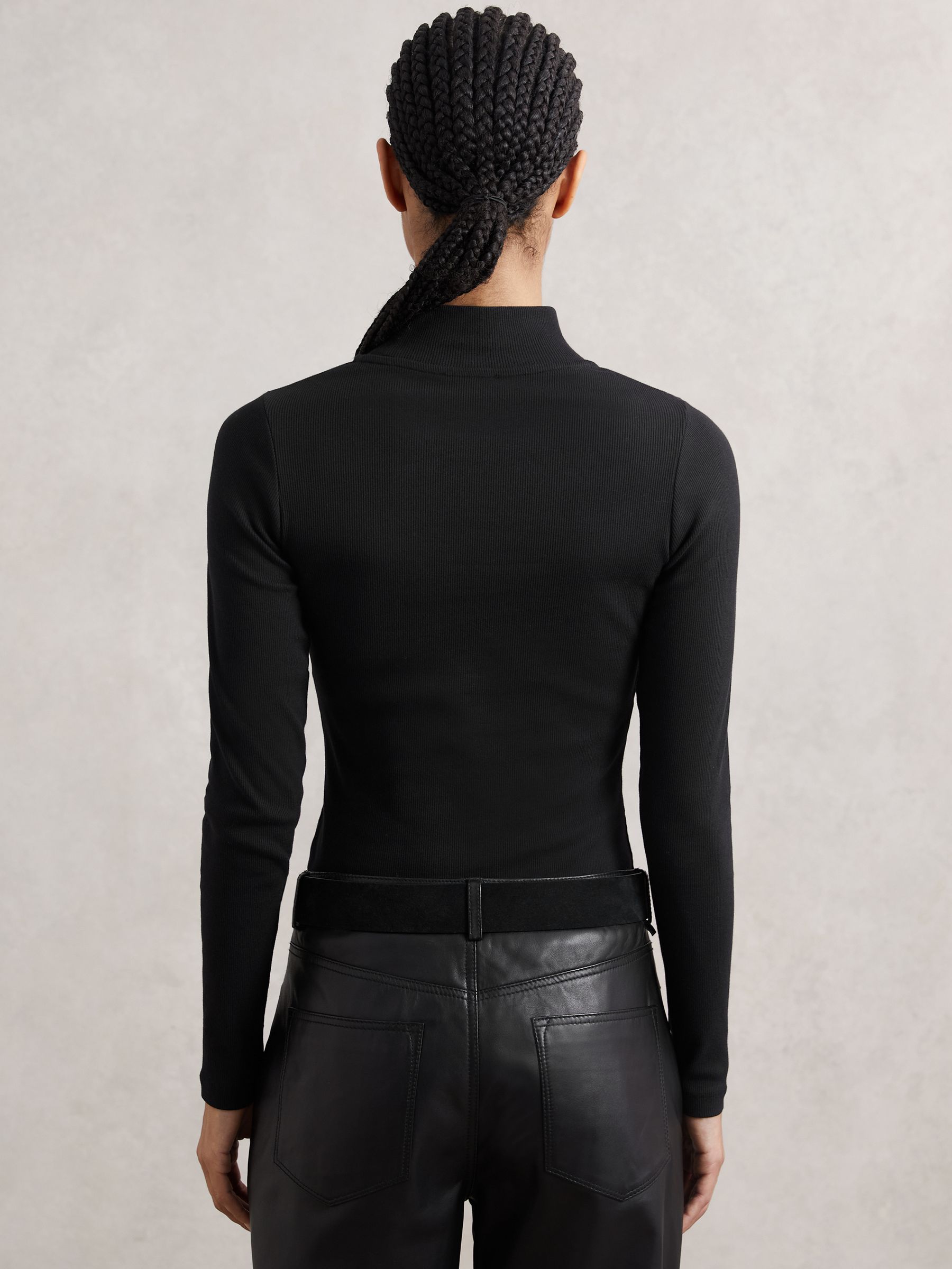 Stretch-Cotton Funnel-Neck Top in Black